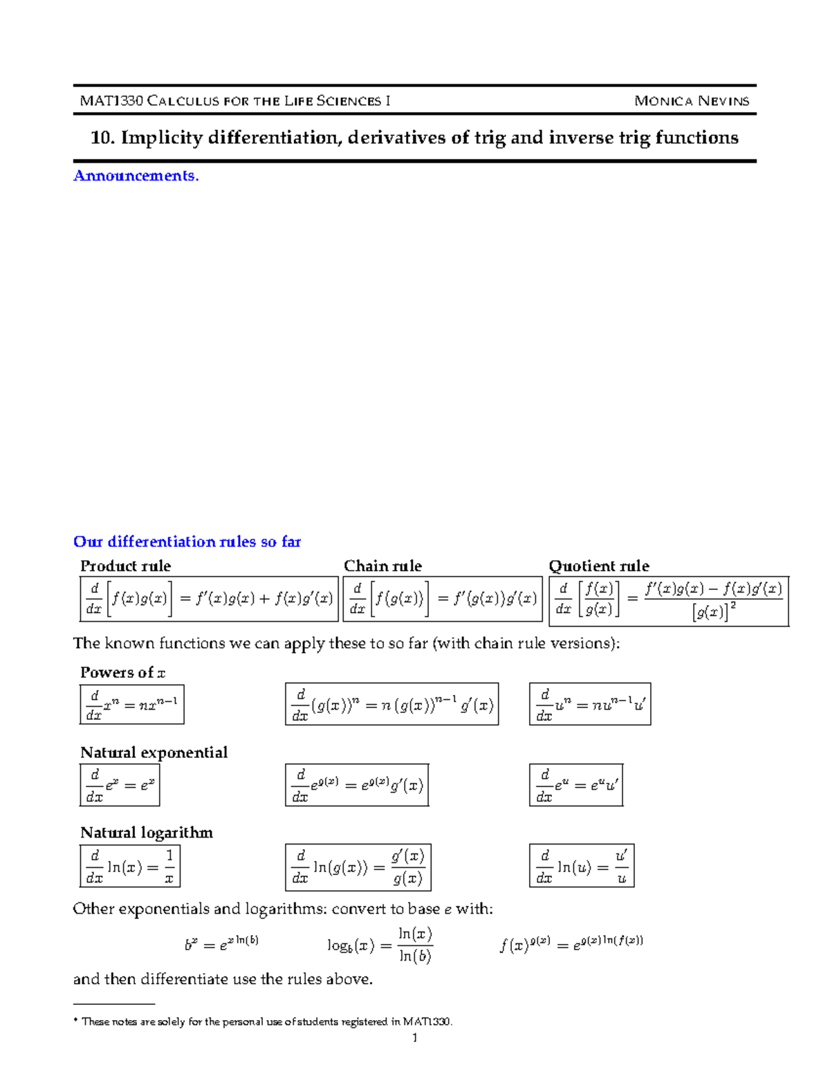 1330 - lecture 10 - MAT1330 CALCULUS FOR THE LIFE SCIENCES I MONICA ...