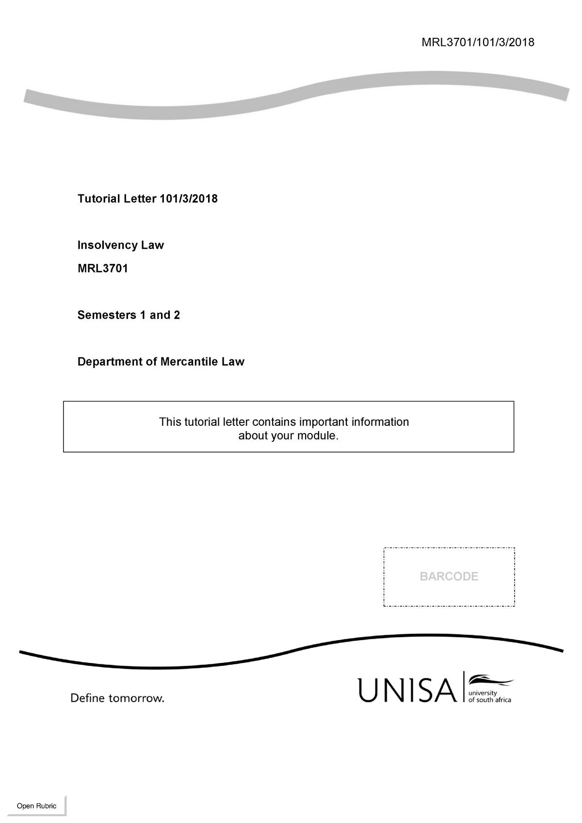 Tut 101 2018 3 E - MRL3701/101/3/ Tutorial Letter 101/3/ Insolvency Law ...