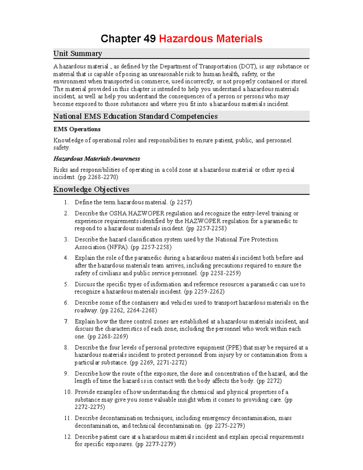 Ch49 Hazardous Materials Chapter 49 Hazardous Materials Unit Summary