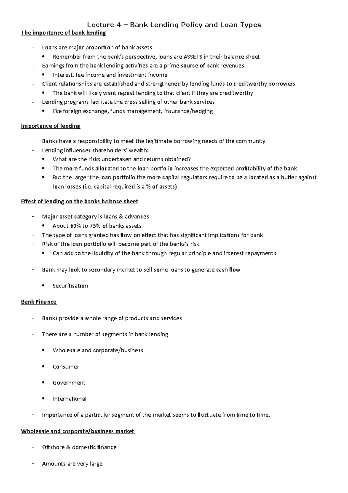 Lecture 4 Notes - Lecture 4 – Bank Lending Policy and Loan Types The ...