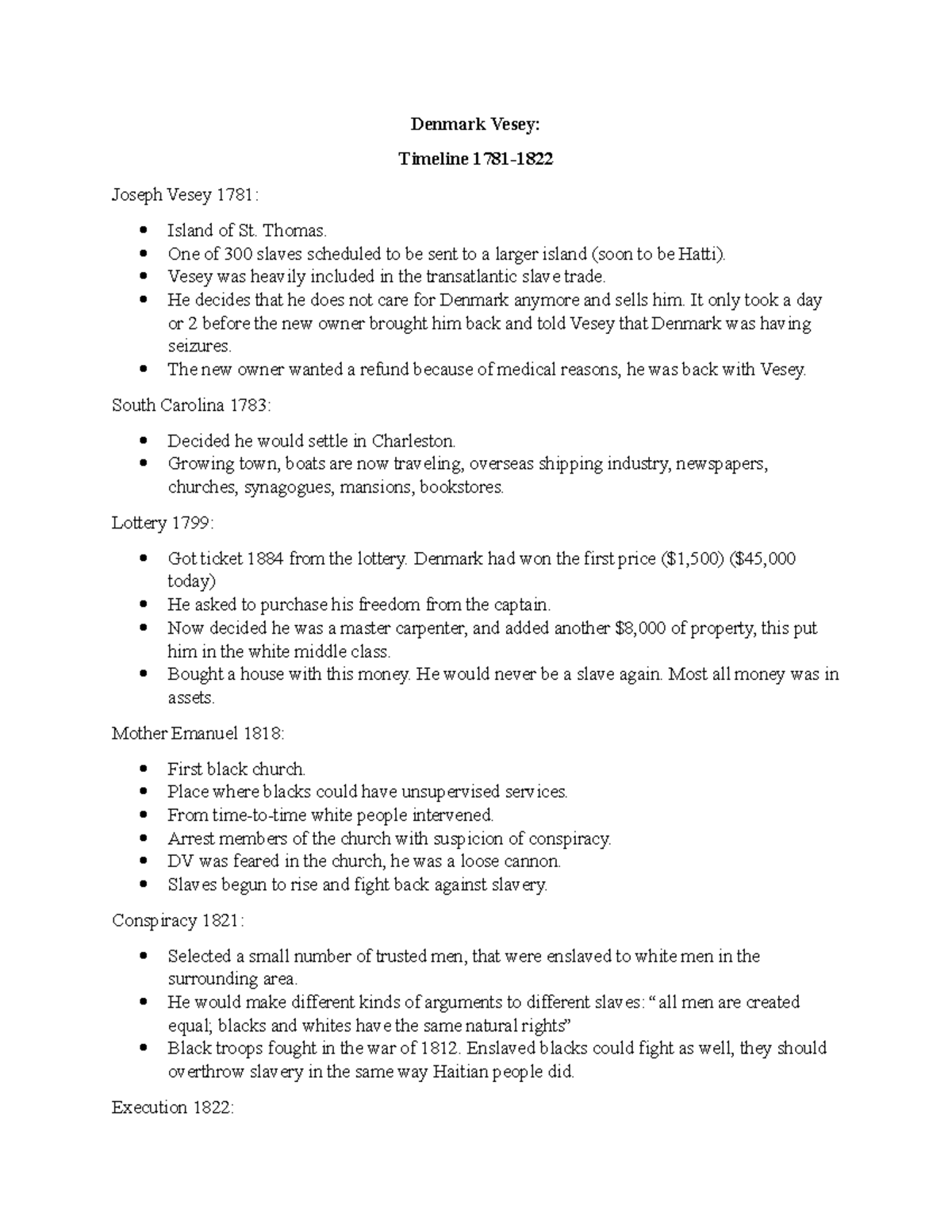 March 14 Denmark Vesey Denmark Vesey Timeline 1781 Joseph Vesey