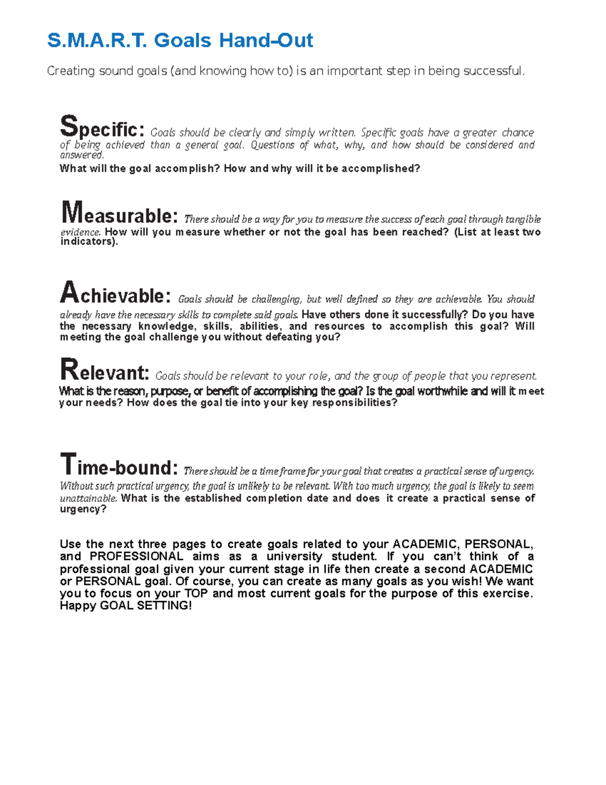 Smart Goals Handout Fall2021 - S.M.A.R. Goals Hand-Out Creating sound ...