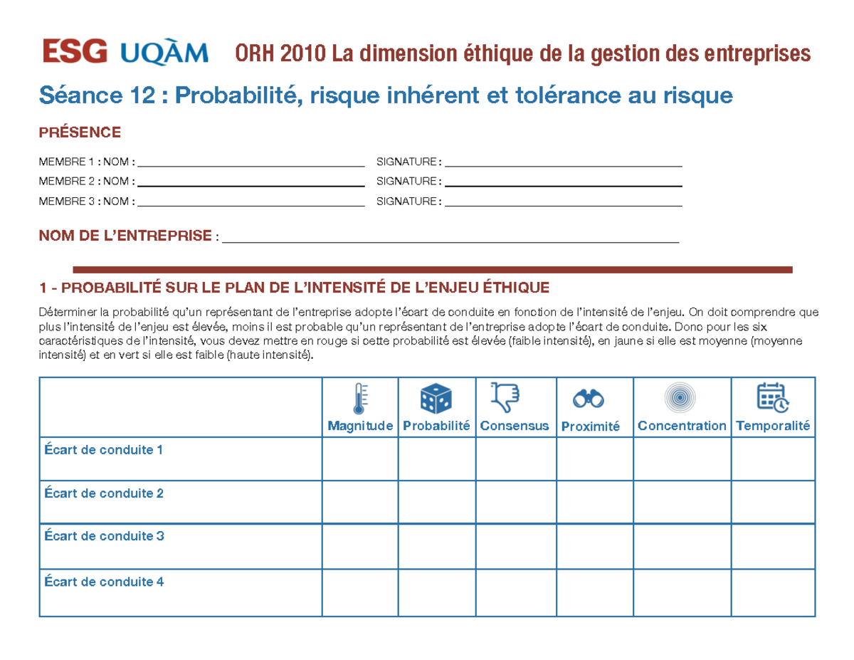 Travail en équipe séance 12: Probabilité, risque inhérent et tolérance ...