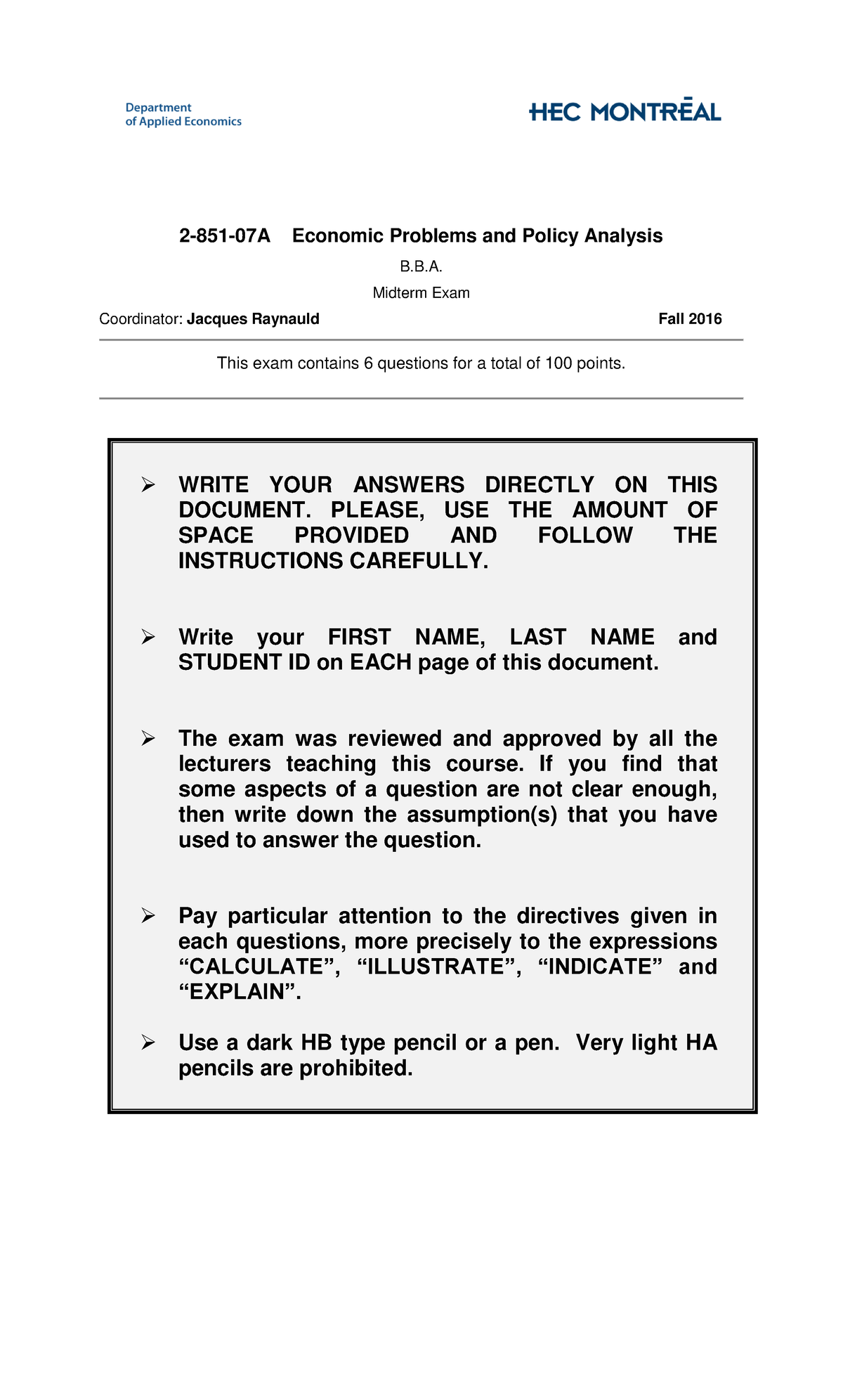 Intra 2851A A16 V3 - Examen Pratique - 2-851-07A Economic Problems And ...