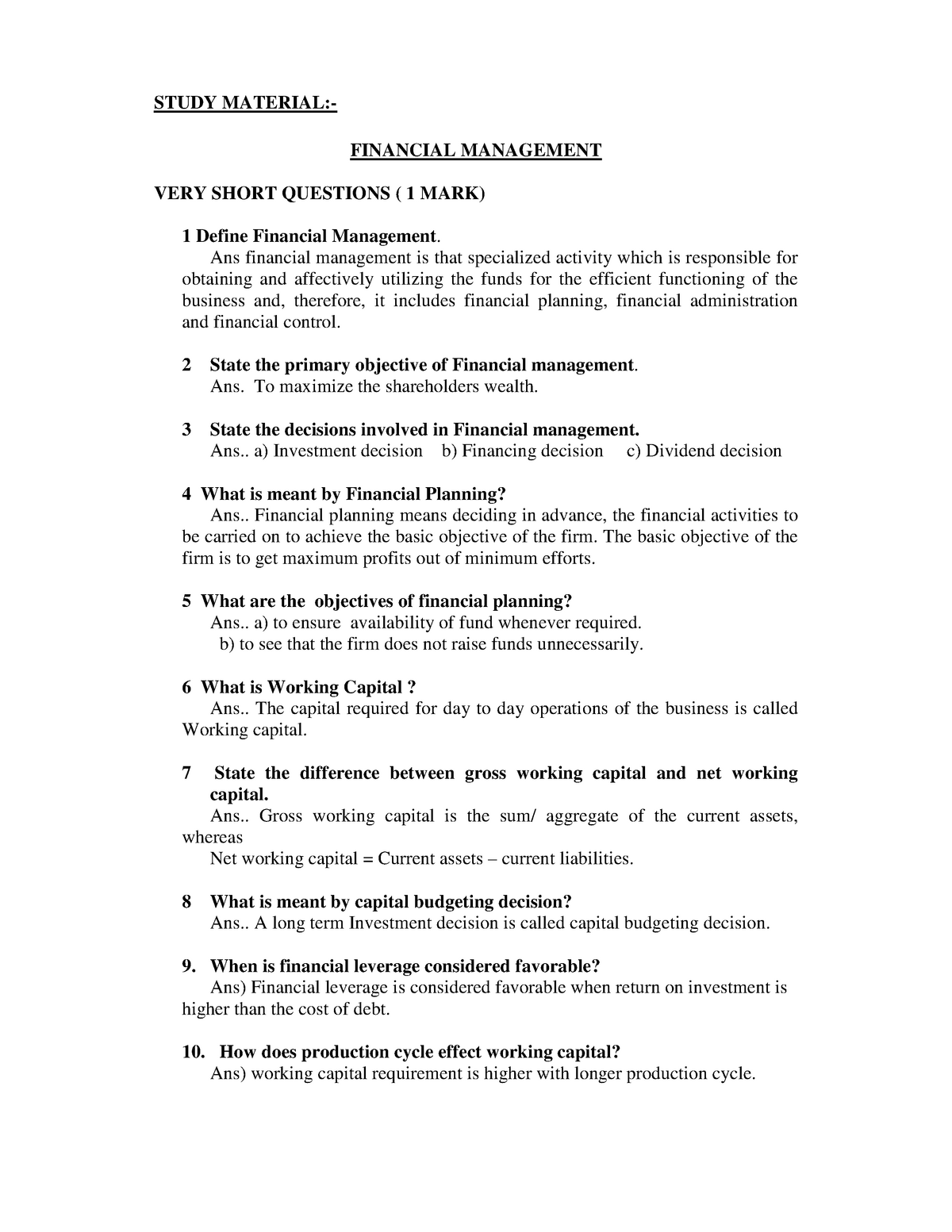 essay questions about financial management