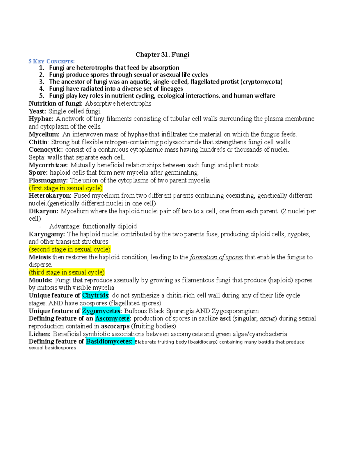 Questions Ch 31 - lecture notes not included - Chapter 31. Fungi 5 KEY ...