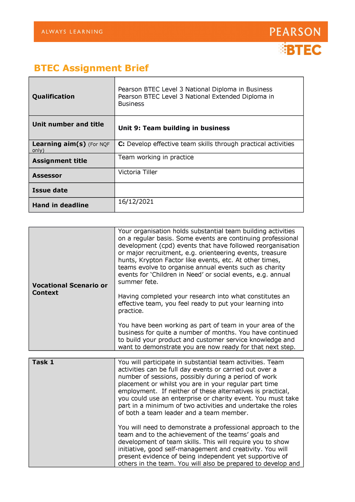 Unit 9 Authorised Assignment Brief For Learning Aim C Team Building In Business Version 1