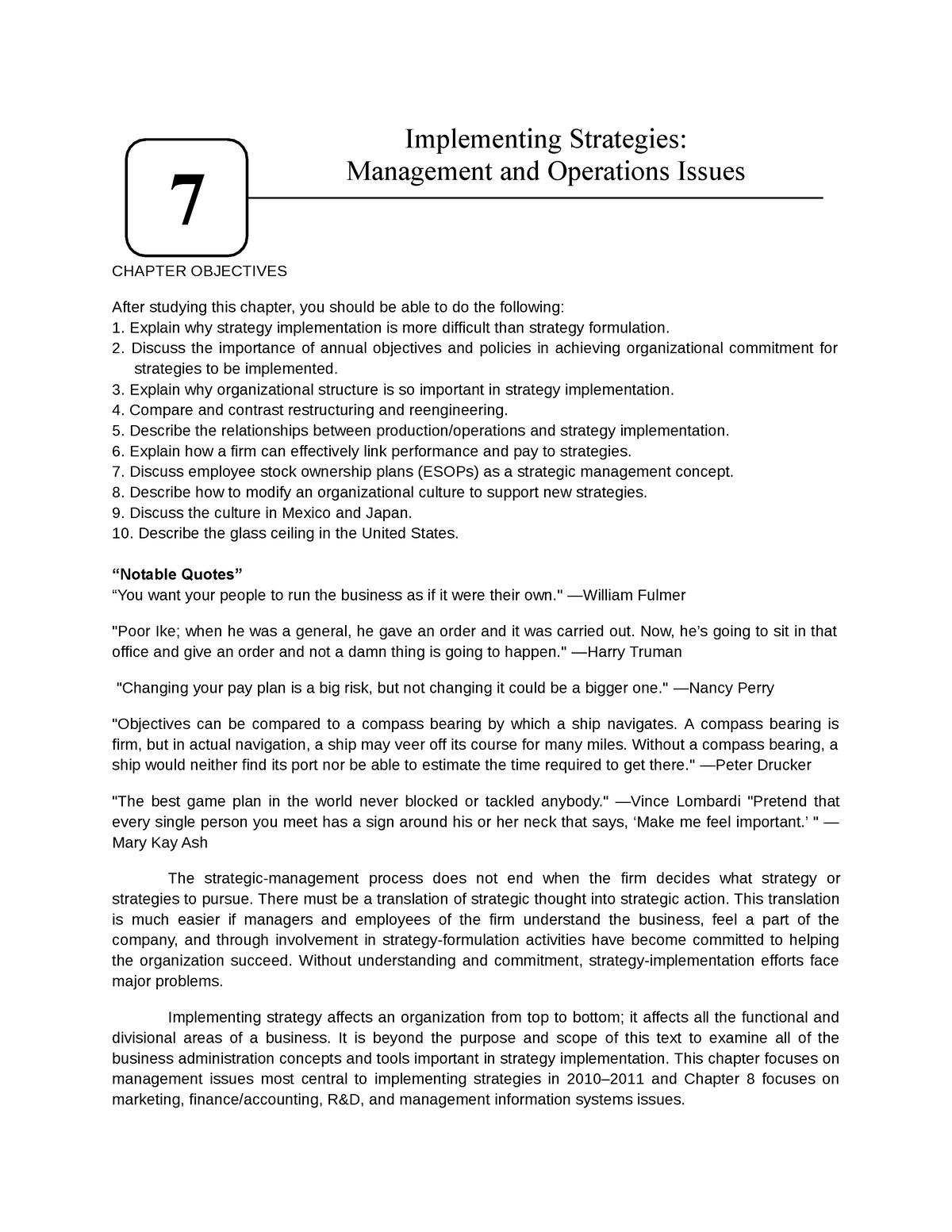 Chapter 7 Implementing Strategies Management And Operations Issues - 7 ...