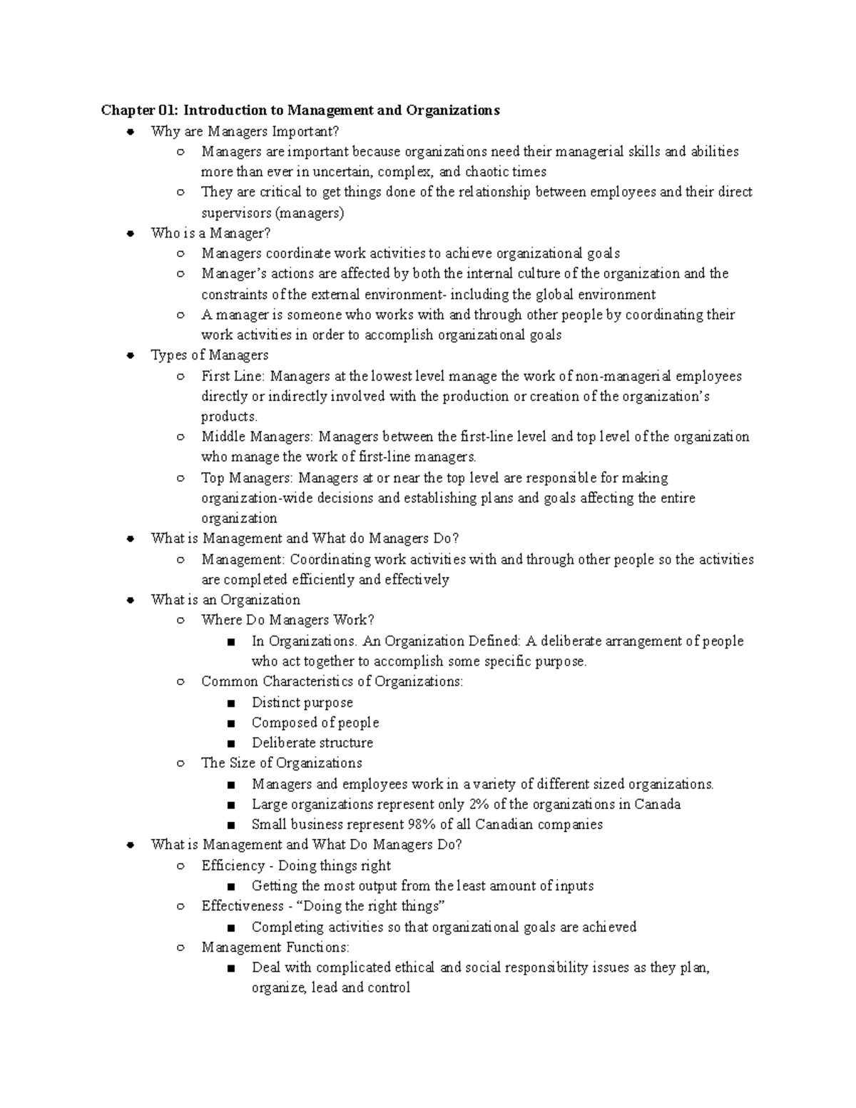 ADM 1100 Notes - N/A - Chapter 01: Introduction to Management and ...