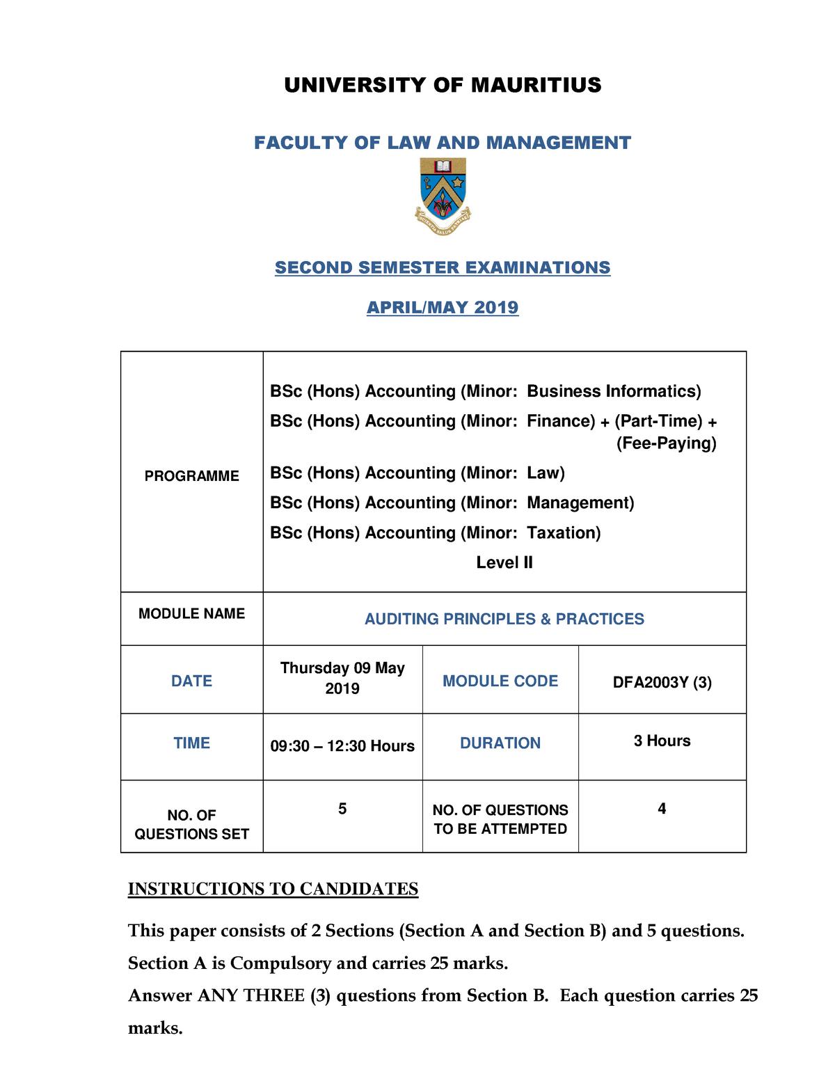 Exam 2019 - UNIVERSITY OF MAURITIUS FACULTY OF LAW AND MANAGEMENT ...