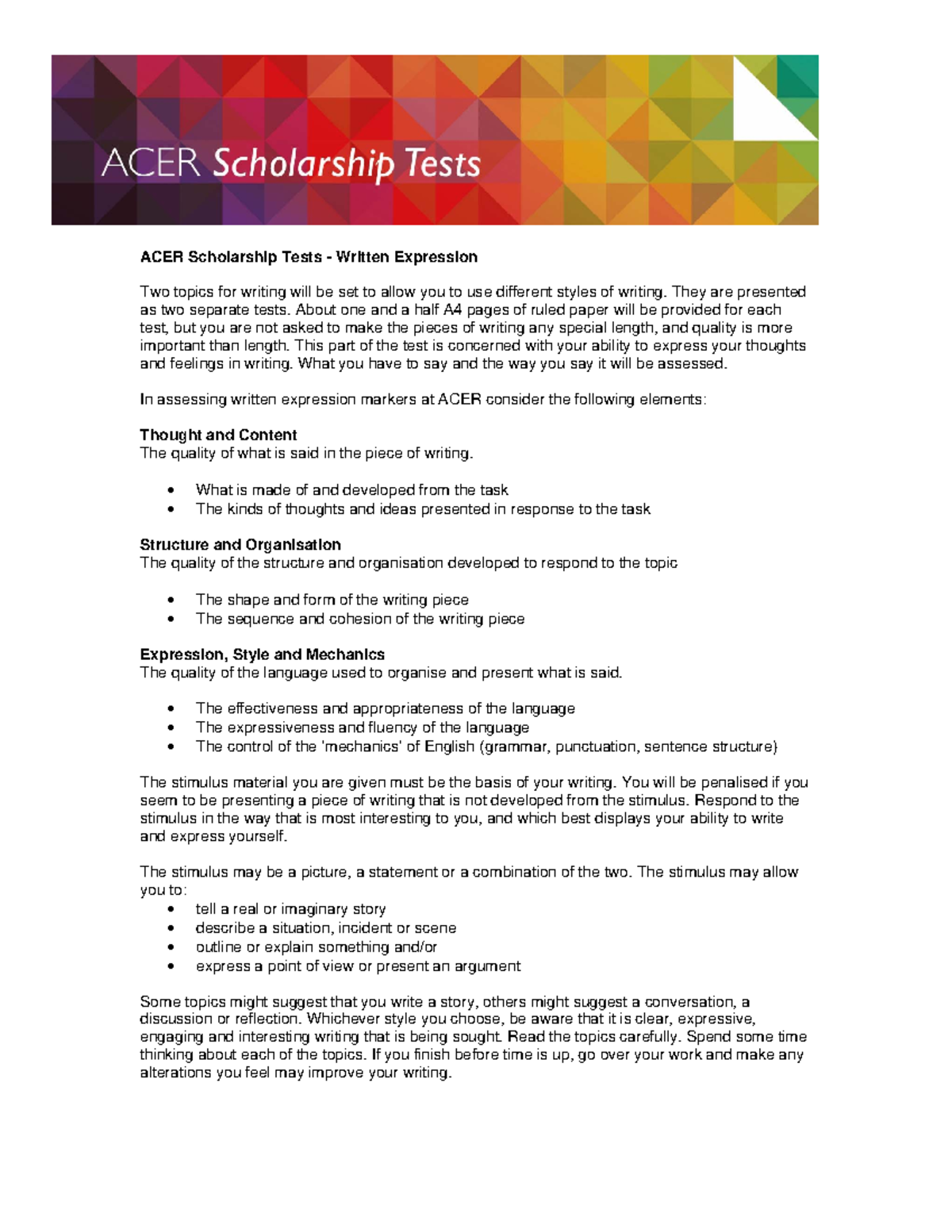 Written Expression 1 - ACER Scholarship Tests - Written Expression Two ...