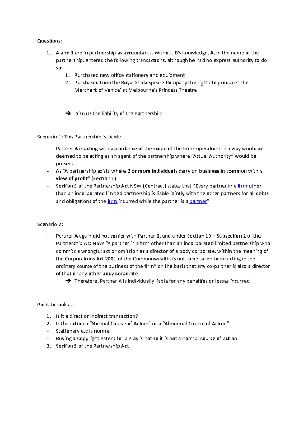 Week 5 Law Tutorial - Questions: A And B Are In Partnership As ...