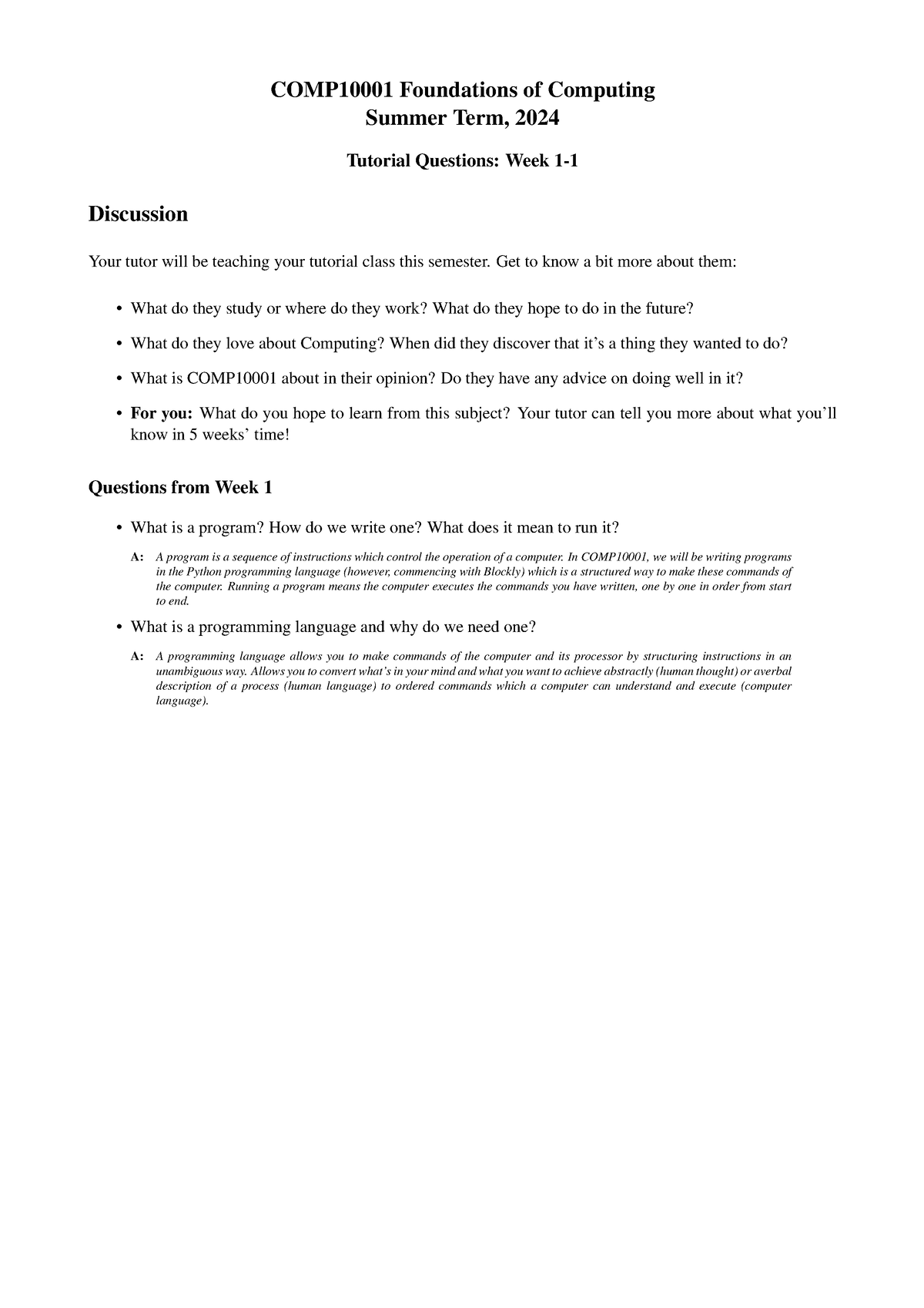 Tutesheet week 1 solutions 1 COMP10001 Foundations of Computing