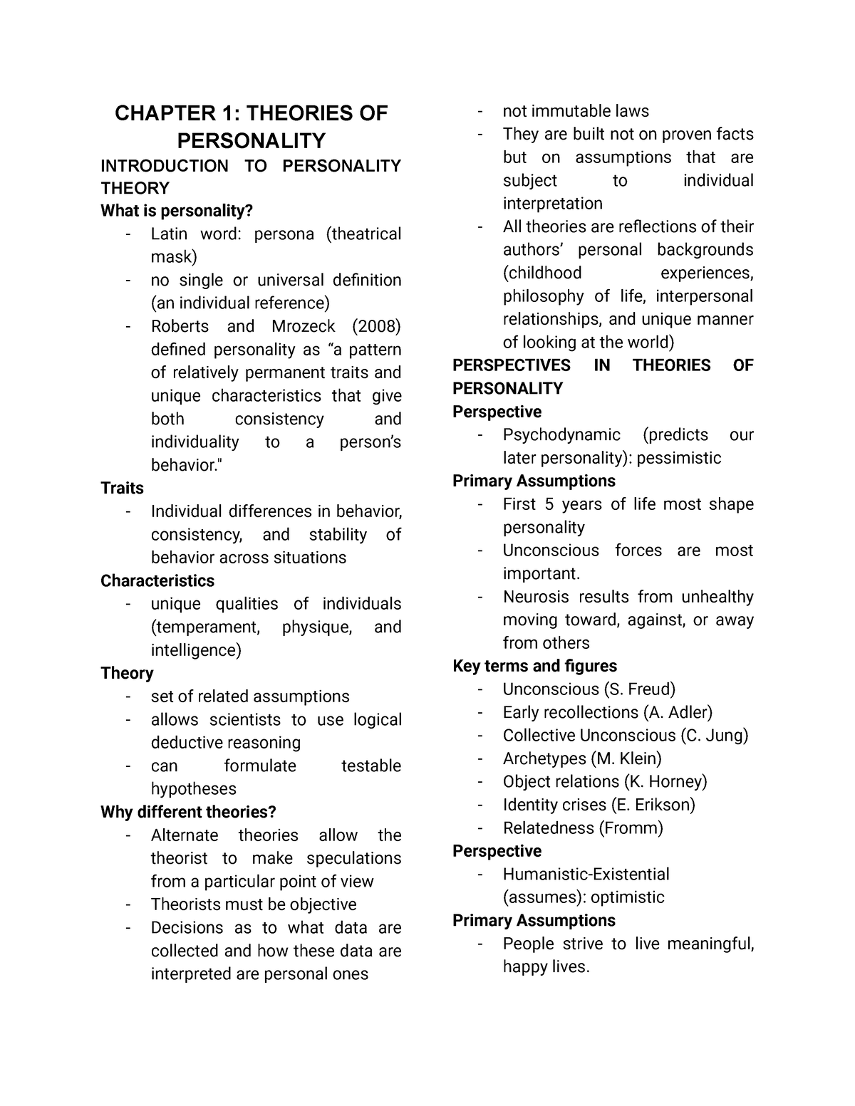 Reviewer - CHAPTER 1: THEORIES OF PERSONALITY INTRODUCTION TO ...