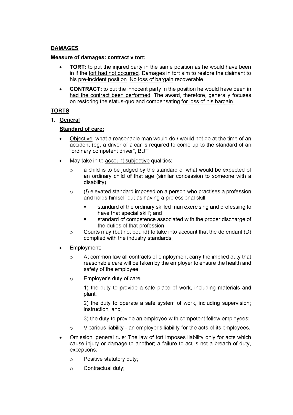 Brief Summary Of The Law Of Tort For Last Minute Revision - Damages 