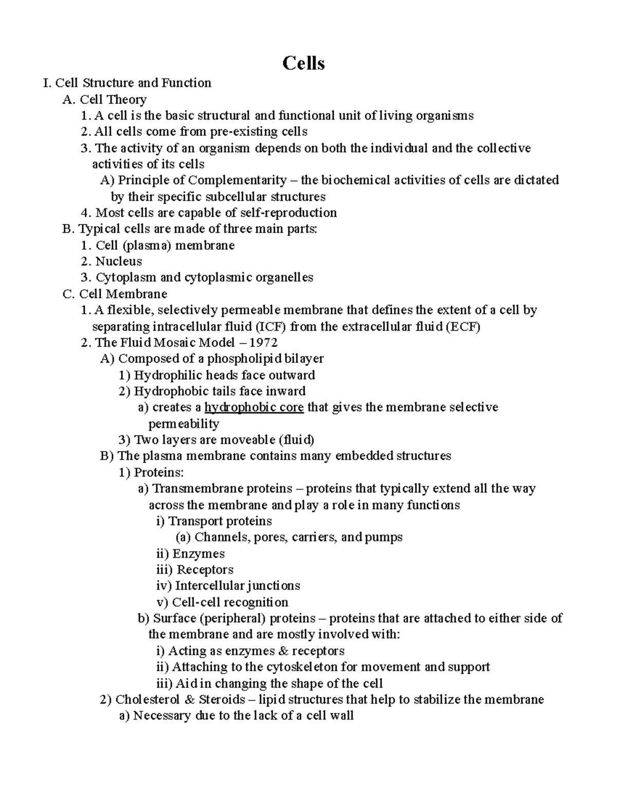 Cells Notes - Cells I. Cell Structure and Function A. Cell Theory 1. A ...