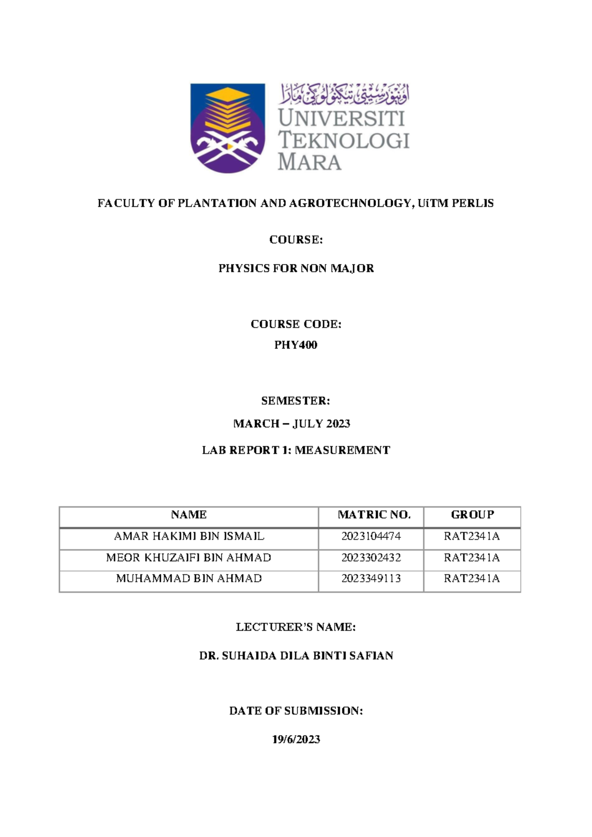 Lab 1 physic LAB REPORT 1 MEASUREMENT FACULTY OF PLANTATION AND
