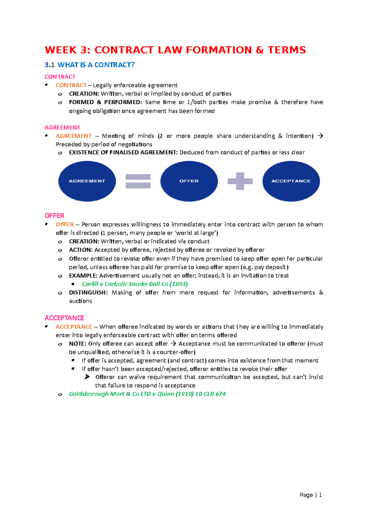 Contract Law Formation & Terms - Study Notes (Week 3) - WEEK 3 ...