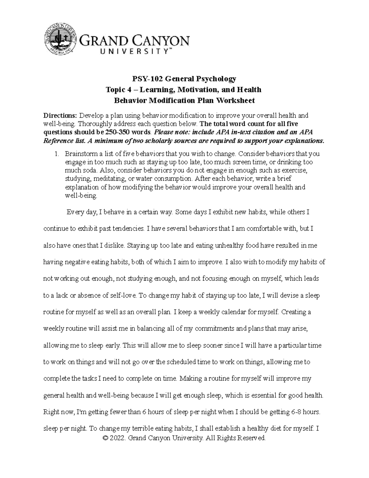 PSY 102 RS T4 Behavior Modification Plan - PSY-102 General Psychology ...