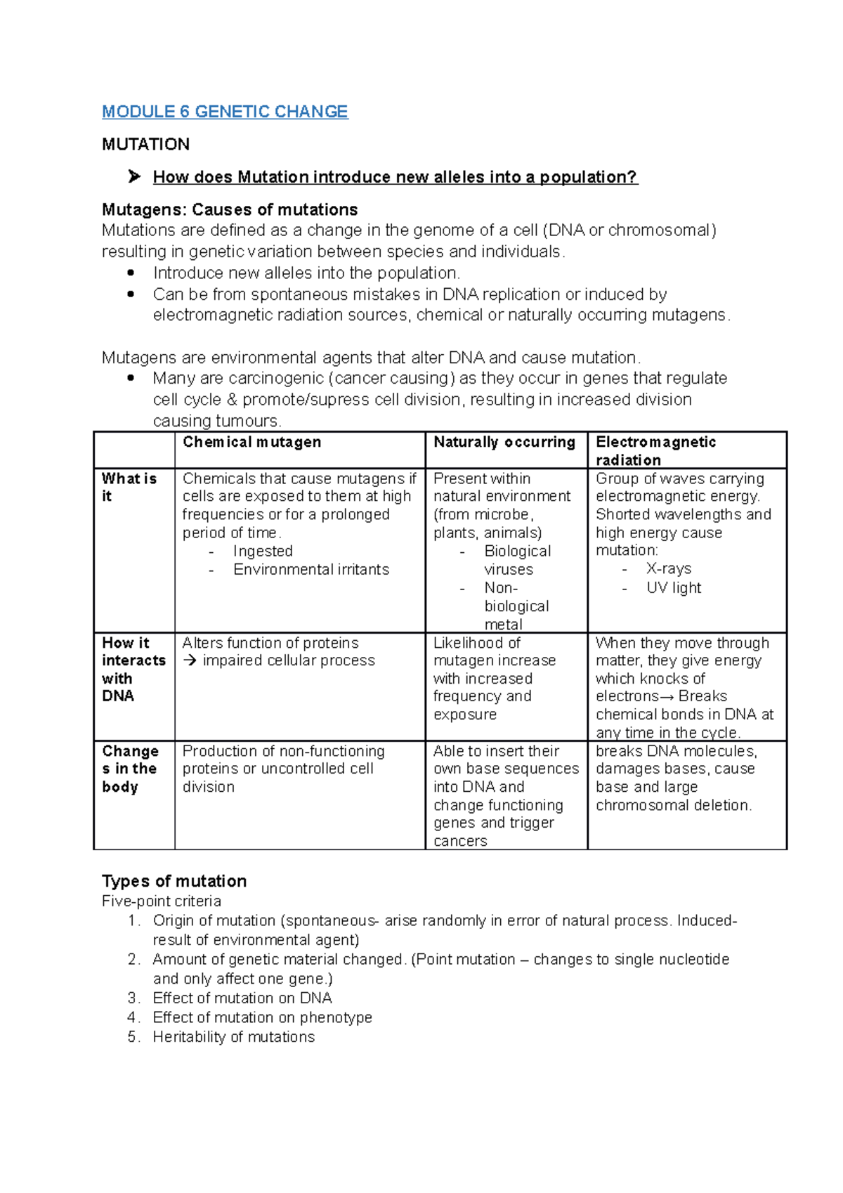 Module 6 Biology Notes - MODULE 6 GENETIC CHANGE MUTATION How Does ...