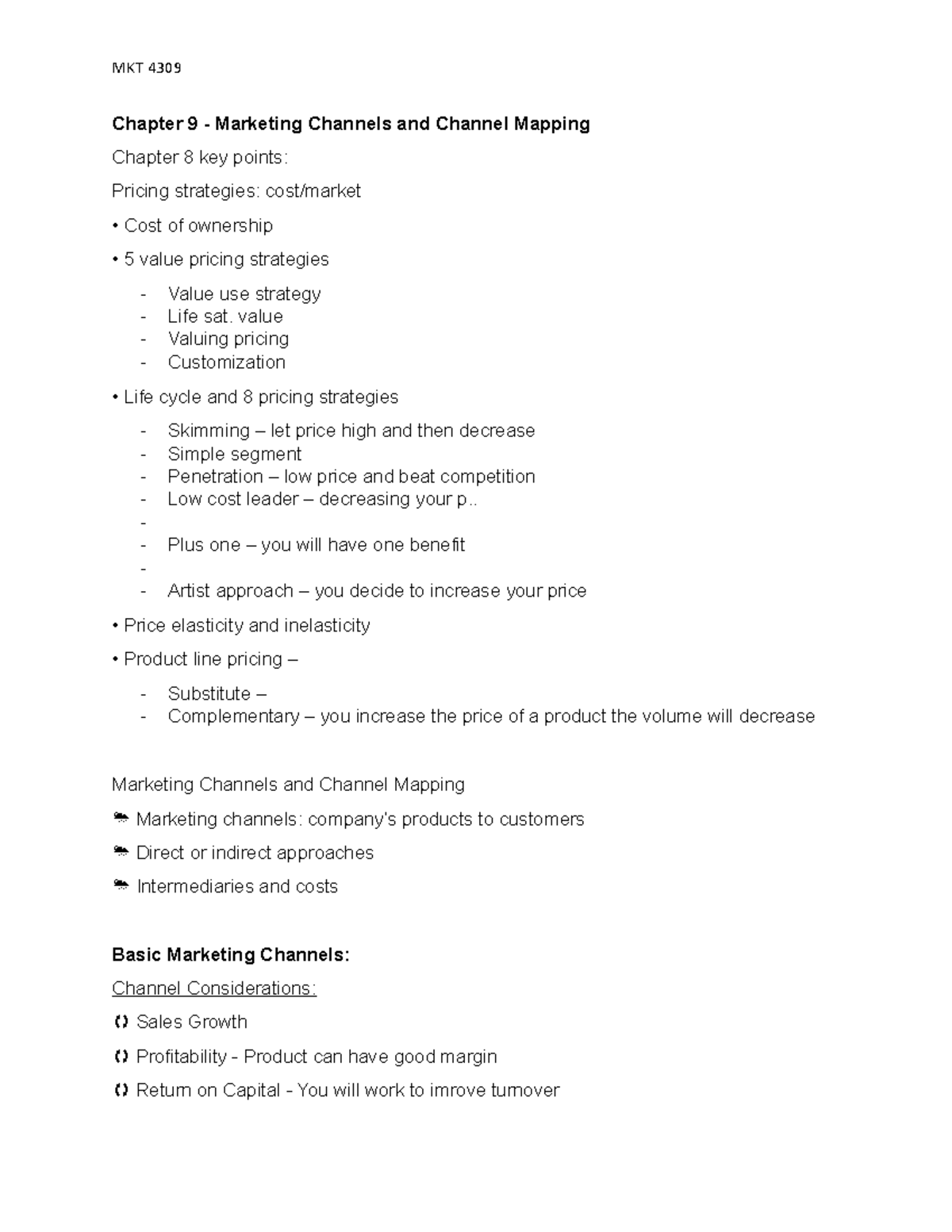 Chapter 9 - Marketing Channels and Channel Mapping - notes - MKT 4309 ...