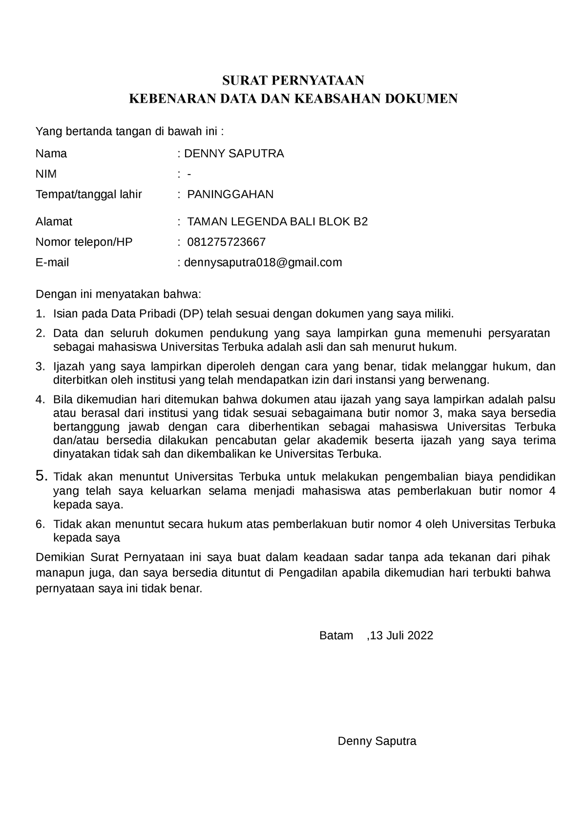 Surat Pernyataan Keabsahan Dokumen Calon Mahasiswa Surat Pernyataan Hot Sex Picture 8298