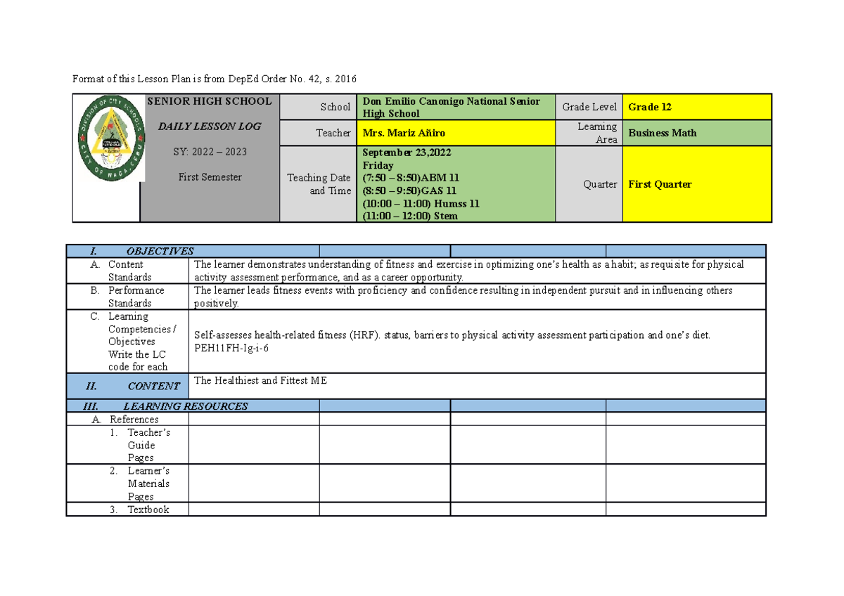 DLL - lesson log - Format of this Lesson Plan is from DepEd Order No ...