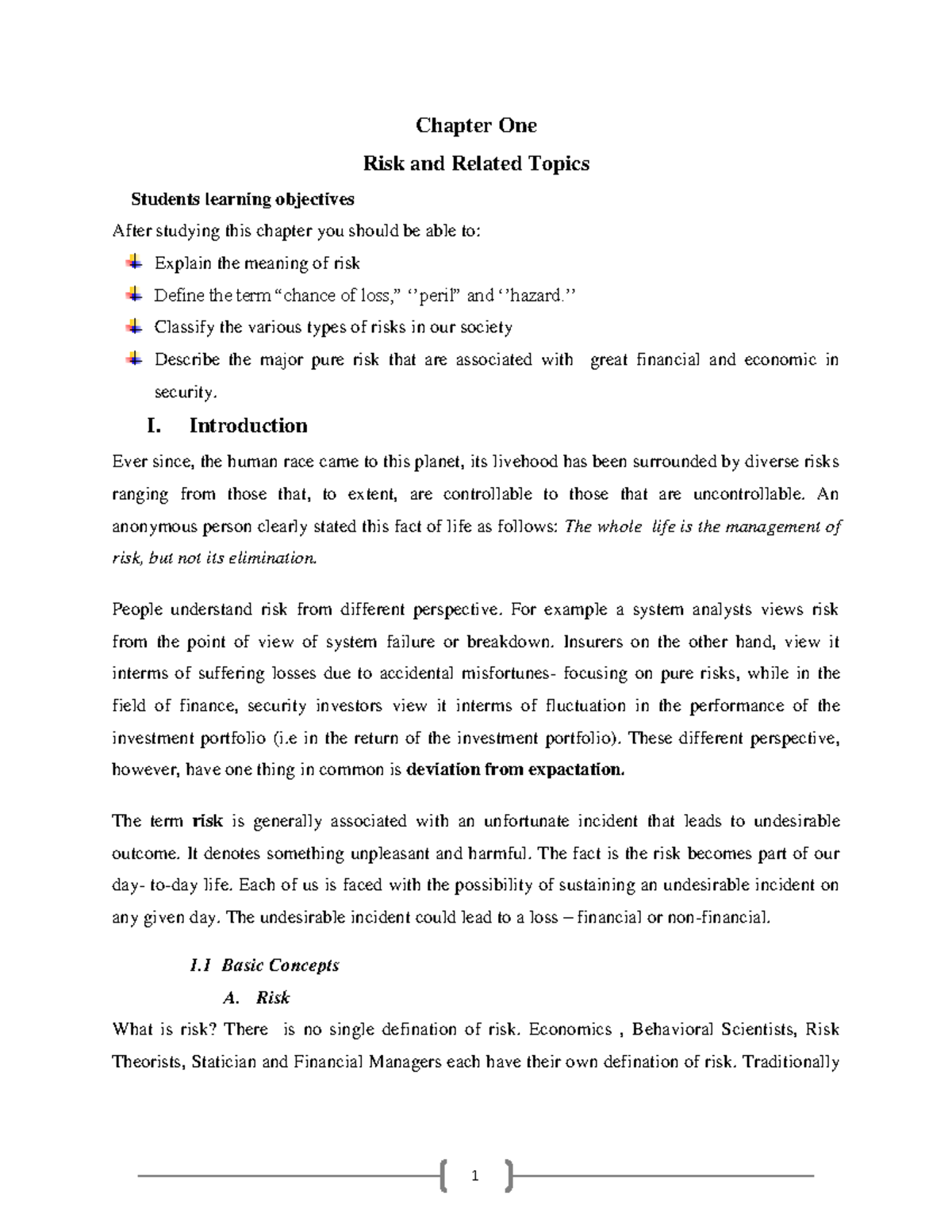 Risk Chapter One - take - Applied Mathematics II - Studocu