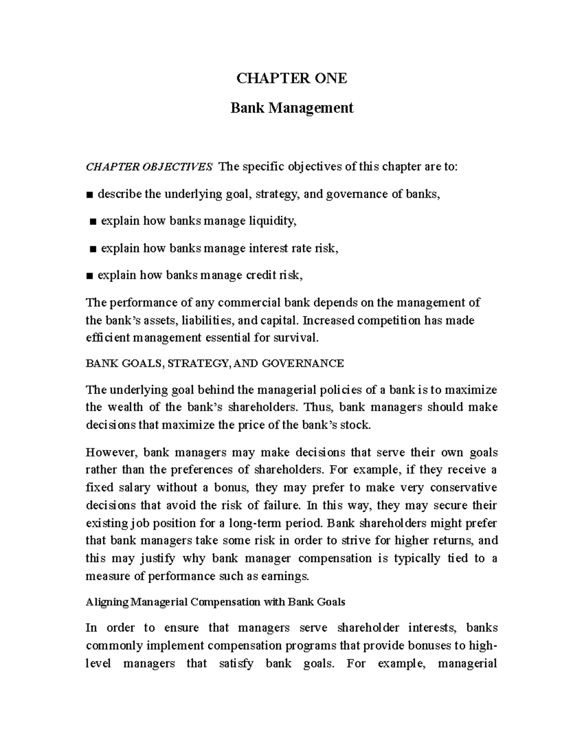 Bank Management - CHAPTER ONE Bank Management CHAPTER OBJECTIVES The ...