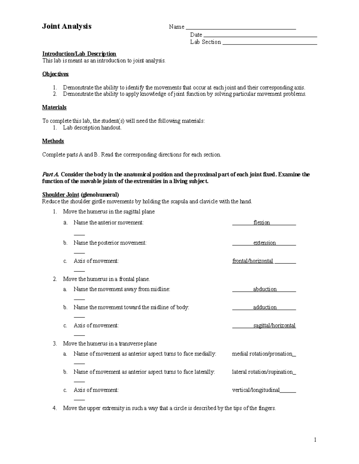 Lab 1 Joint Analysis 1 - Lab 1 - Date Lab Section Introduction/Lab ...