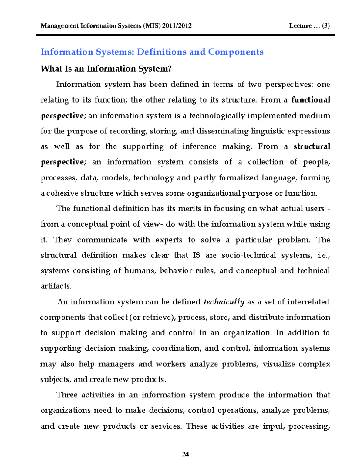 MIS Lecture 3 Information Systems Definitions And Components What Is 