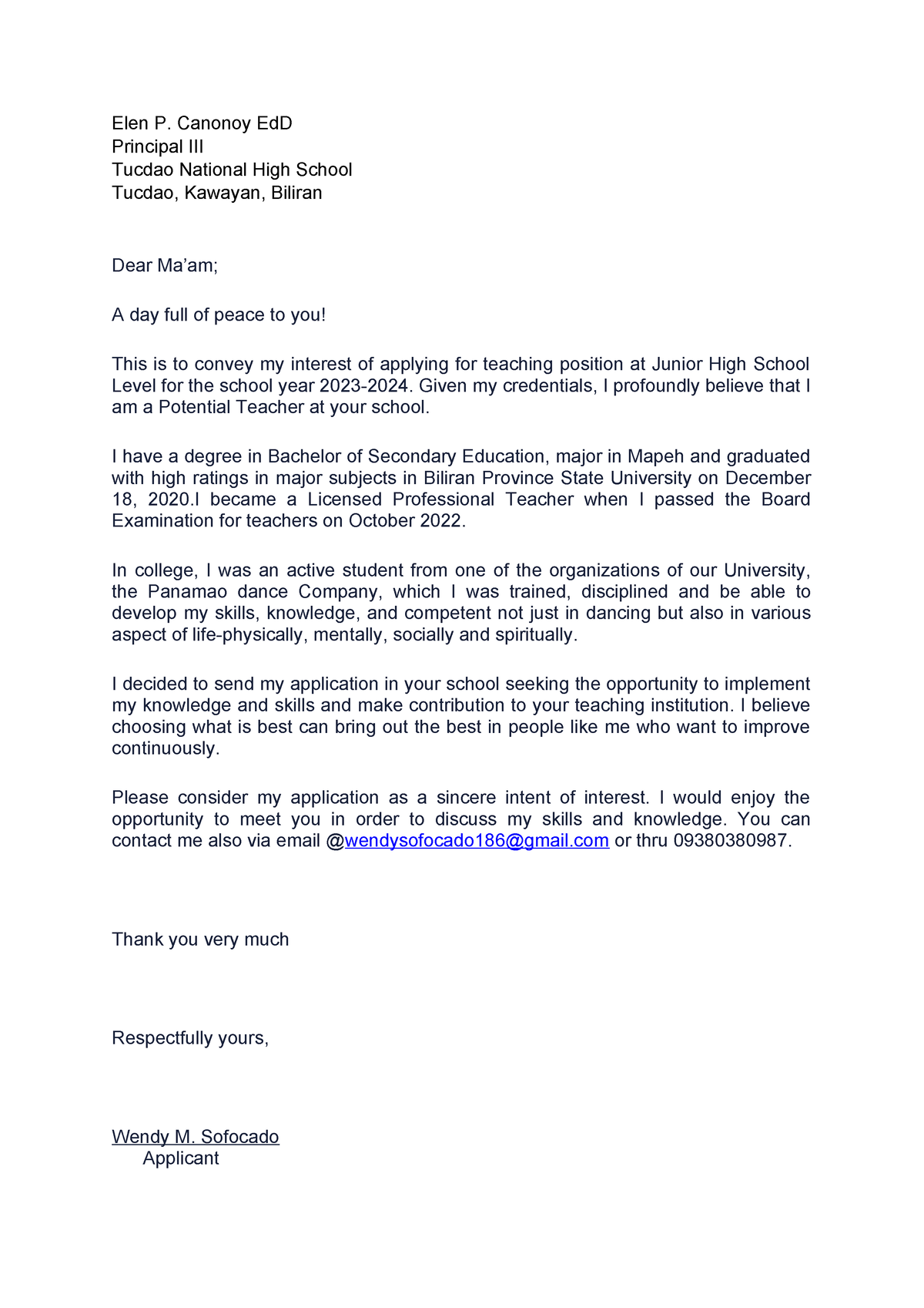Application letter wendy - Elen P. Canonoy EdD Principal III Tucdao ...