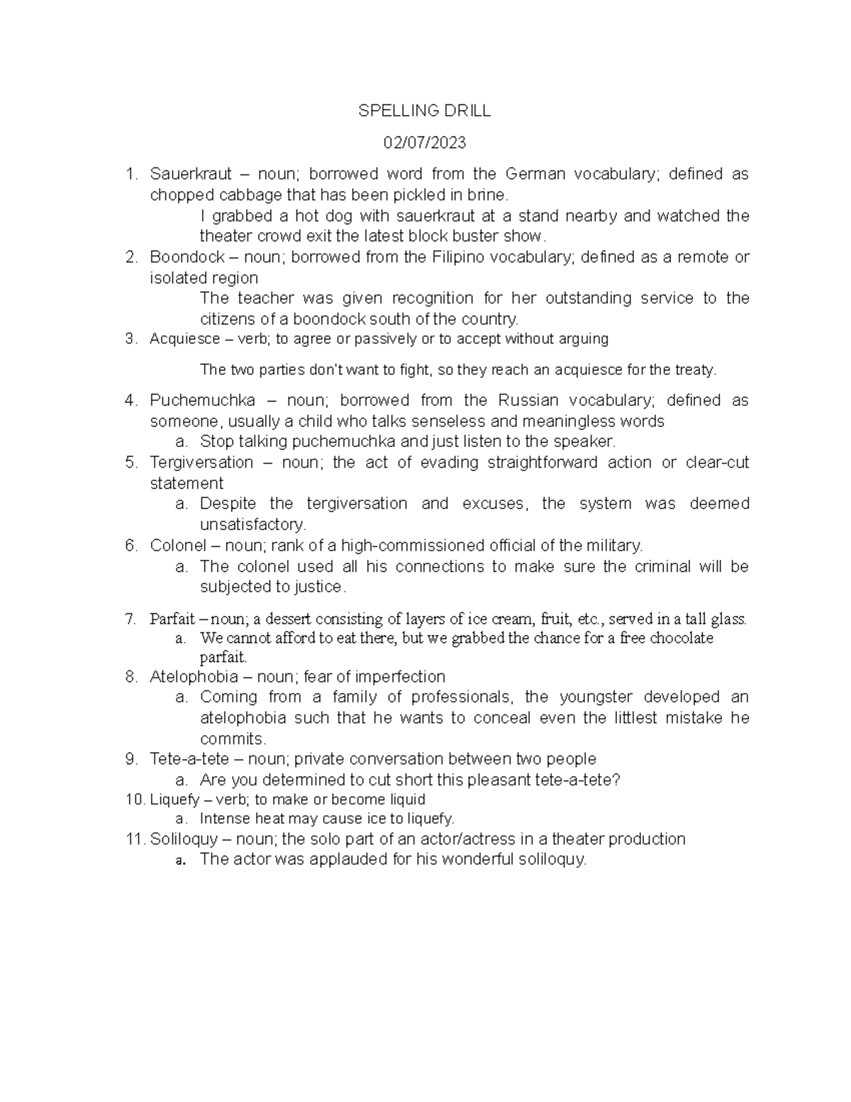 Speling 0203 Spelling Drill SPELLING DRILL 02/07/ Sauerkraut