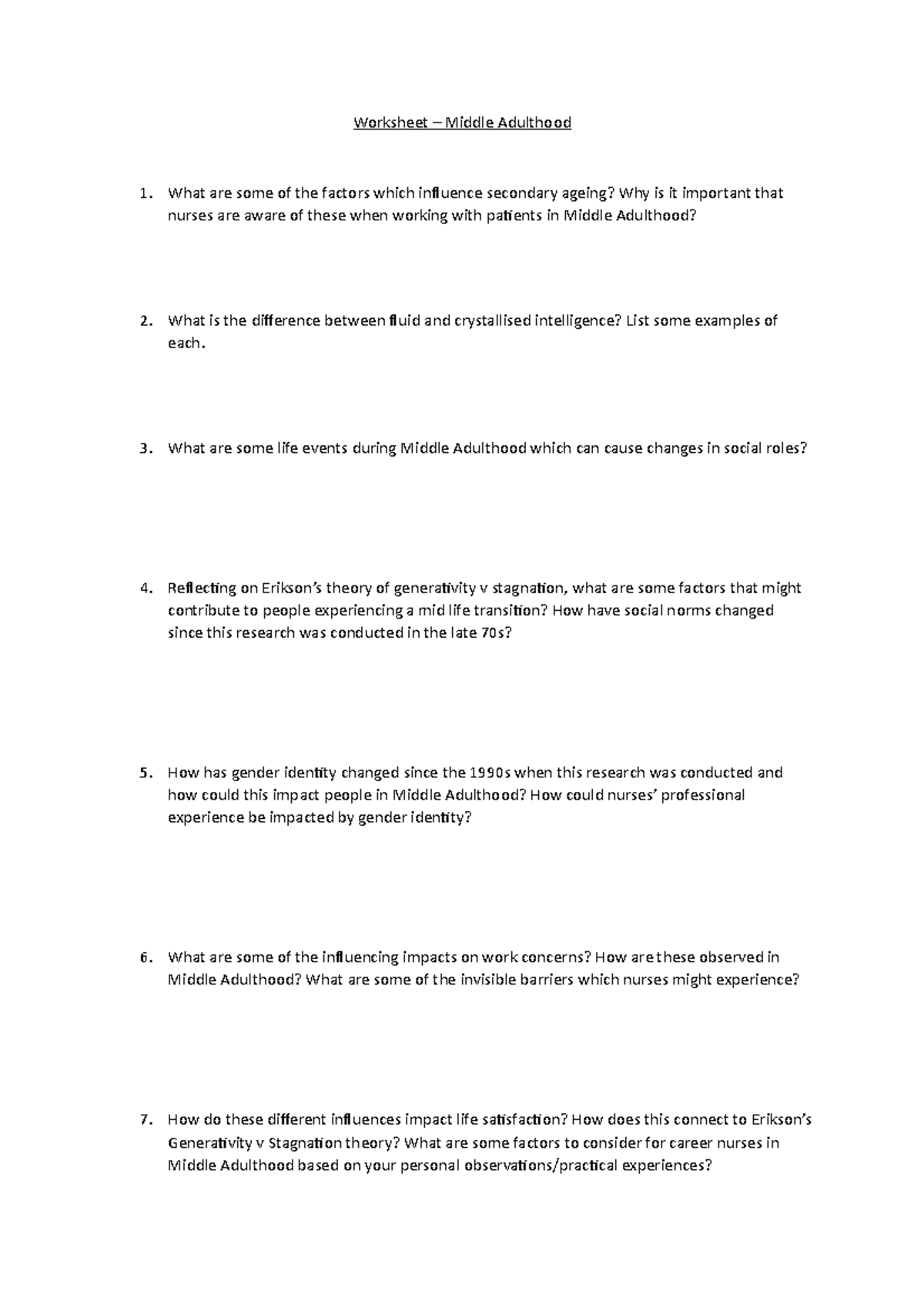 Worksheet Middle Adulthood - Worksheet – Middle Adulthood What are some ...