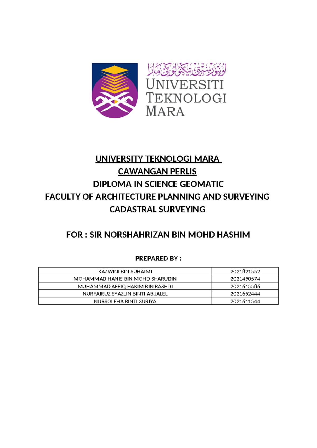 assignment report / fieldwork report / assessment report - UNIVERSITY ...