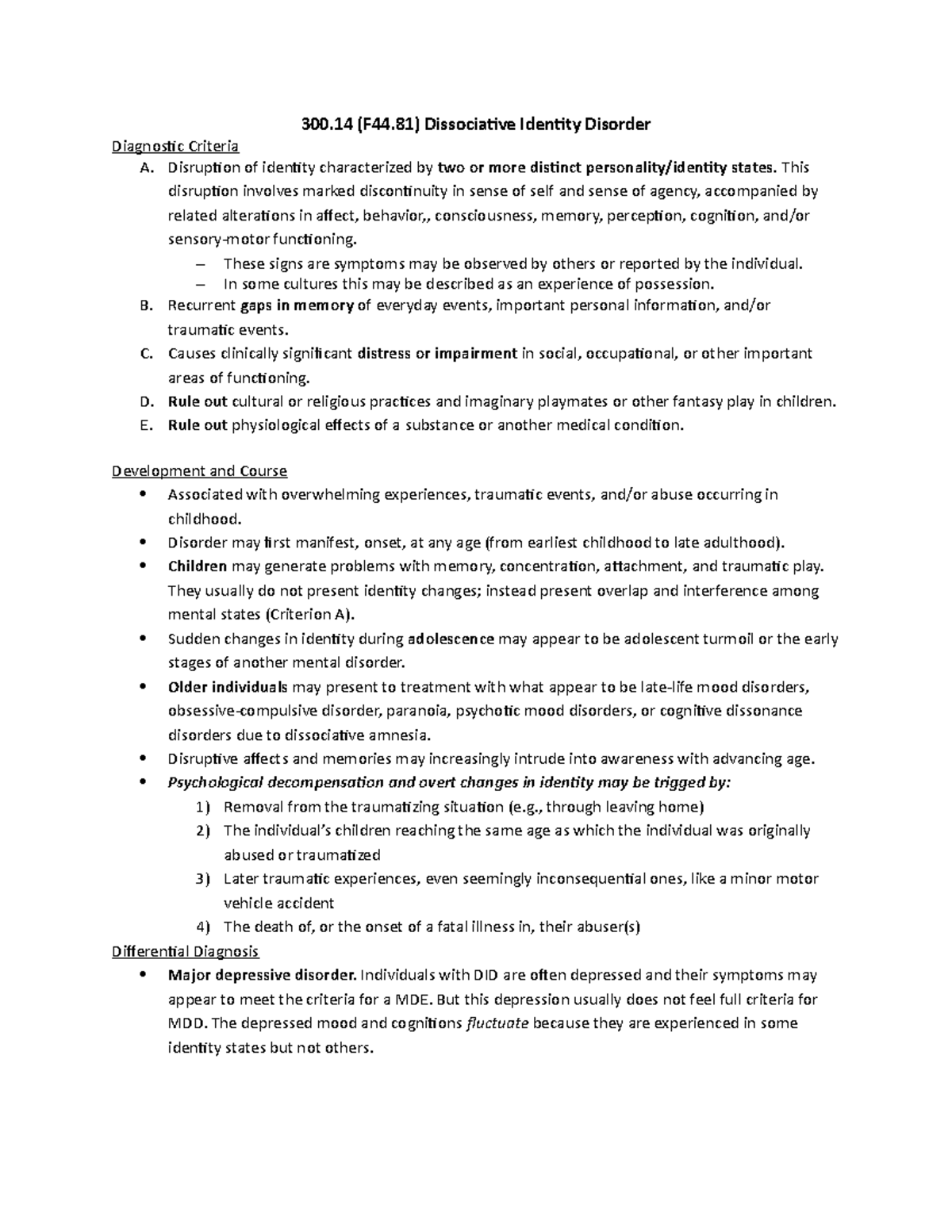 Dissociative Disorders - 300 (F44) Dissociative Identity Disorder ...