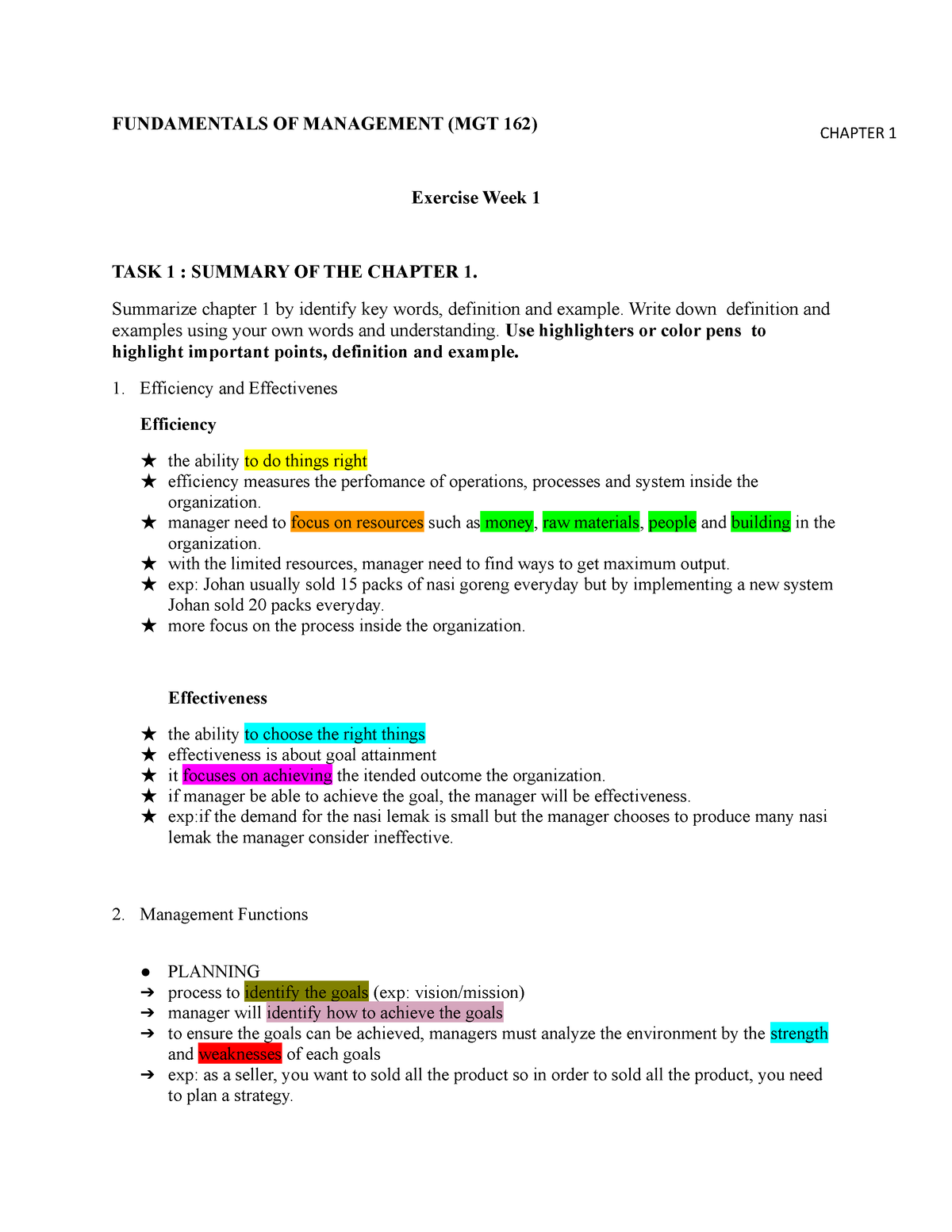 Exercise Chapter 1 MGT162( Muhammad Hariz) - FUNDAMENTALS OF MANAGEMENT ...