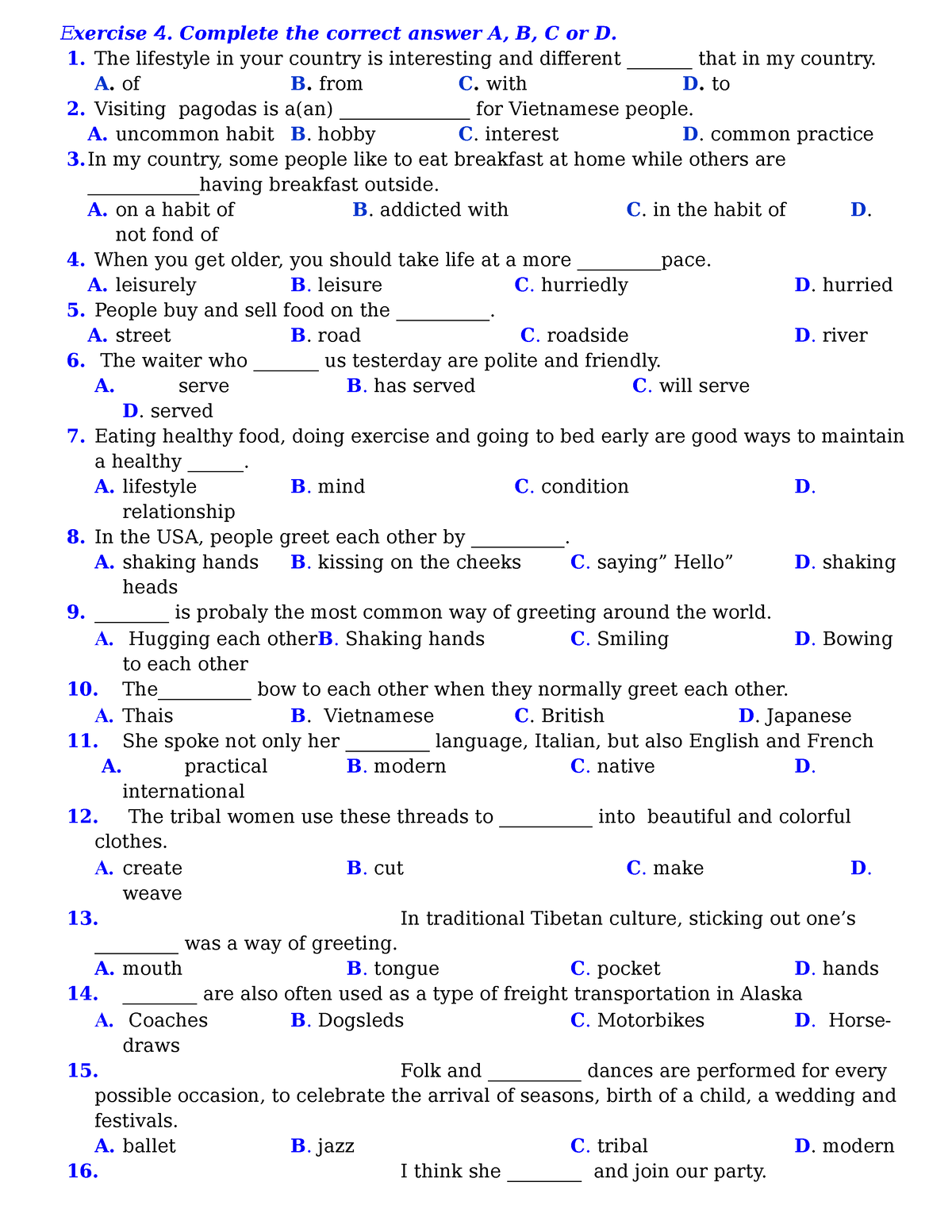 Unit6-2 - Unit - Exercise 4. Complete The Correct Answer A, B, C Or D ...