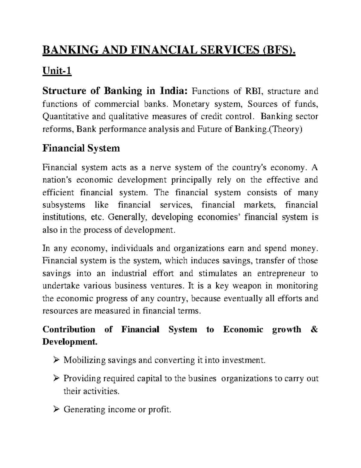 Banking Notes (Brief and Concise) BANKING AND FINANCIAL SERVICES (BFS