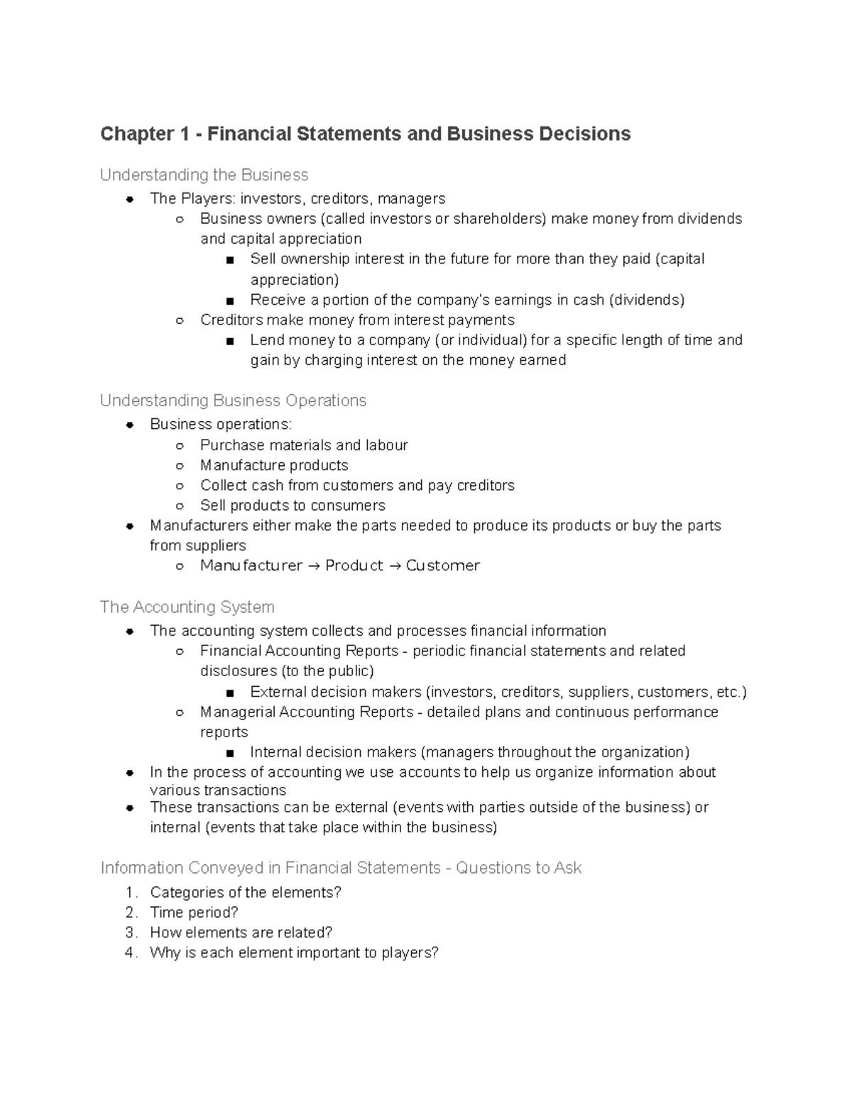 BU 127 - Chapter 1, Financial Statements And Business Decisions ...