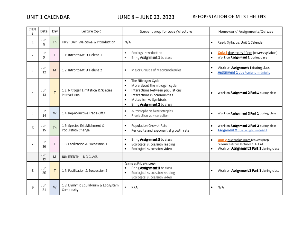 SM23 Unit 1 Calendar MSH UNIT 1 CALENDAR JUNE 8 JUNE 23, 2023