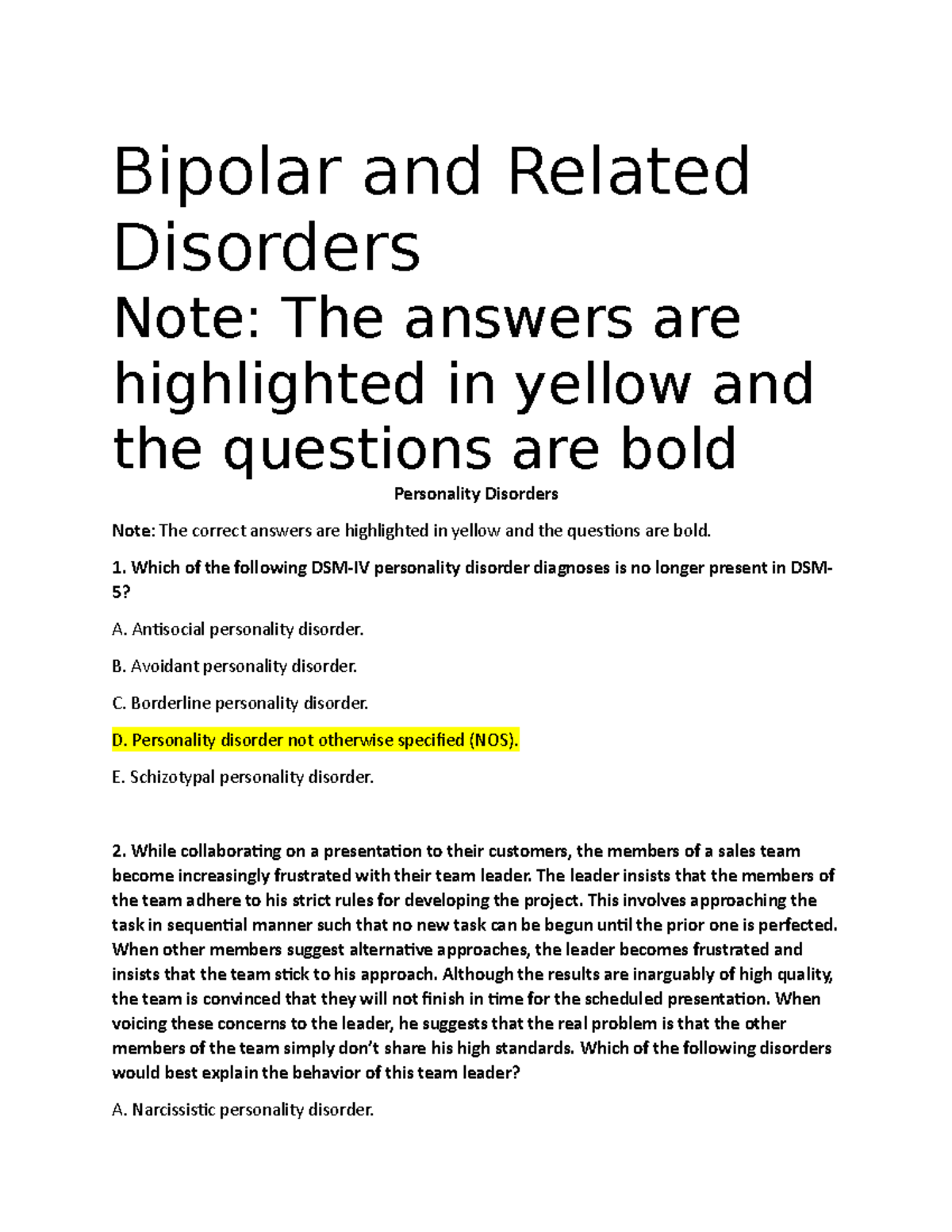 Test Questions in Personality Disorders Bipolar and Related Disorders