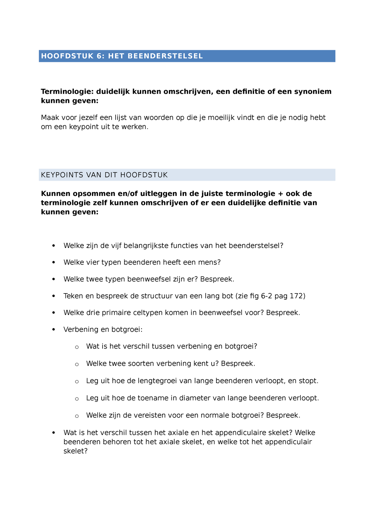 2021 06 Key Points Het Beenderstelsel Hoofdstuk 6 Het Beenderstelsel