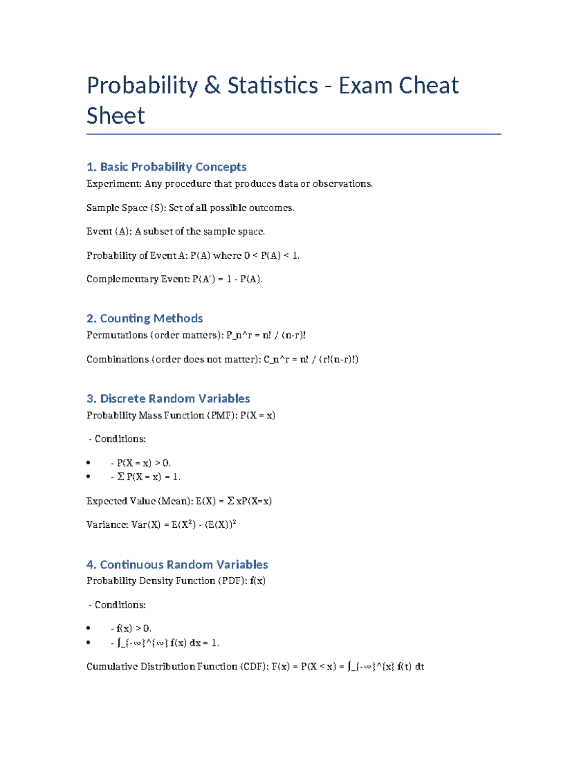 Probability Statistics Cheat Sheet Updated - Probability & Statistics ...