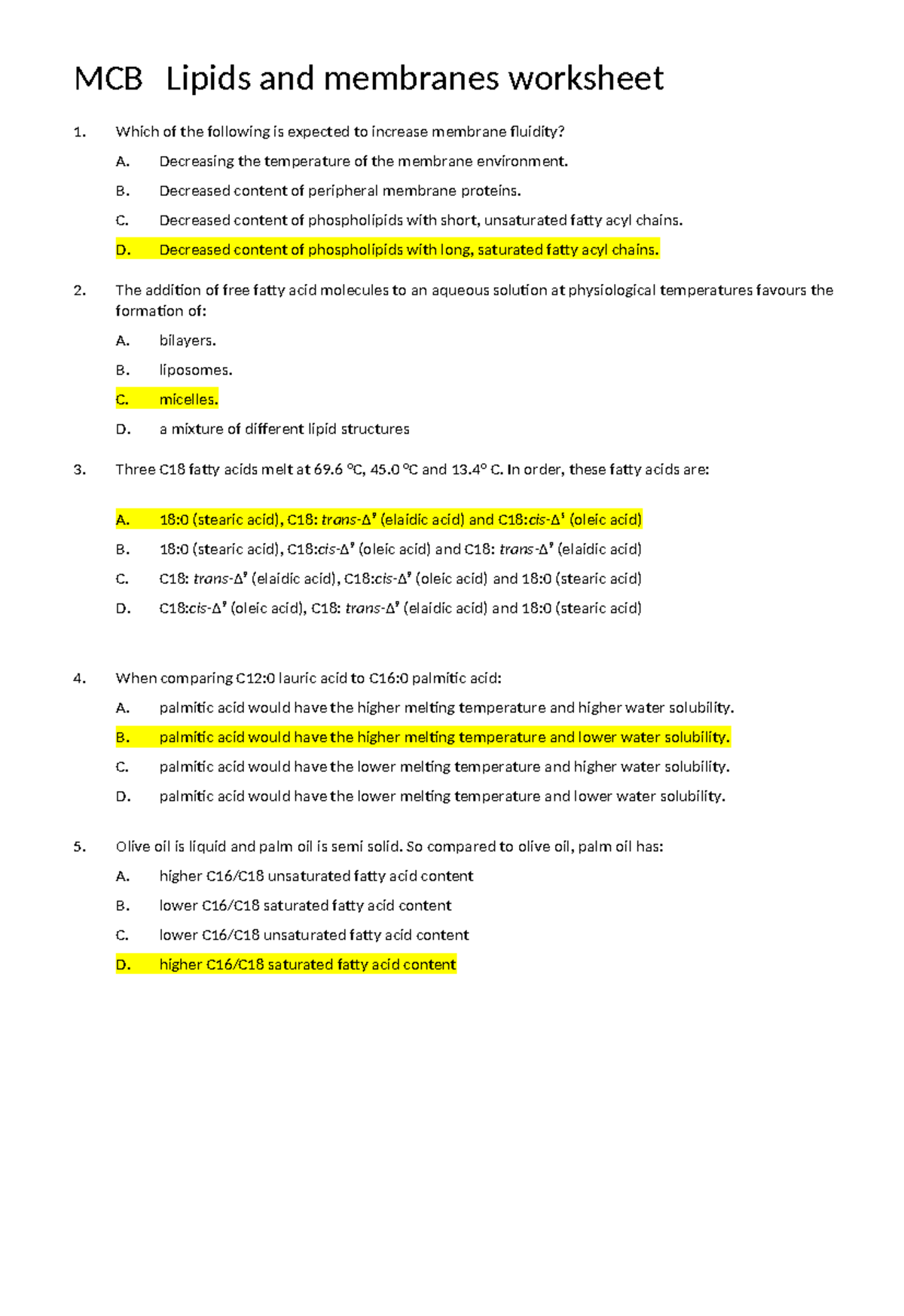 Lipids and membranes worksheet with answers - MCB Lipids and membranes ...
