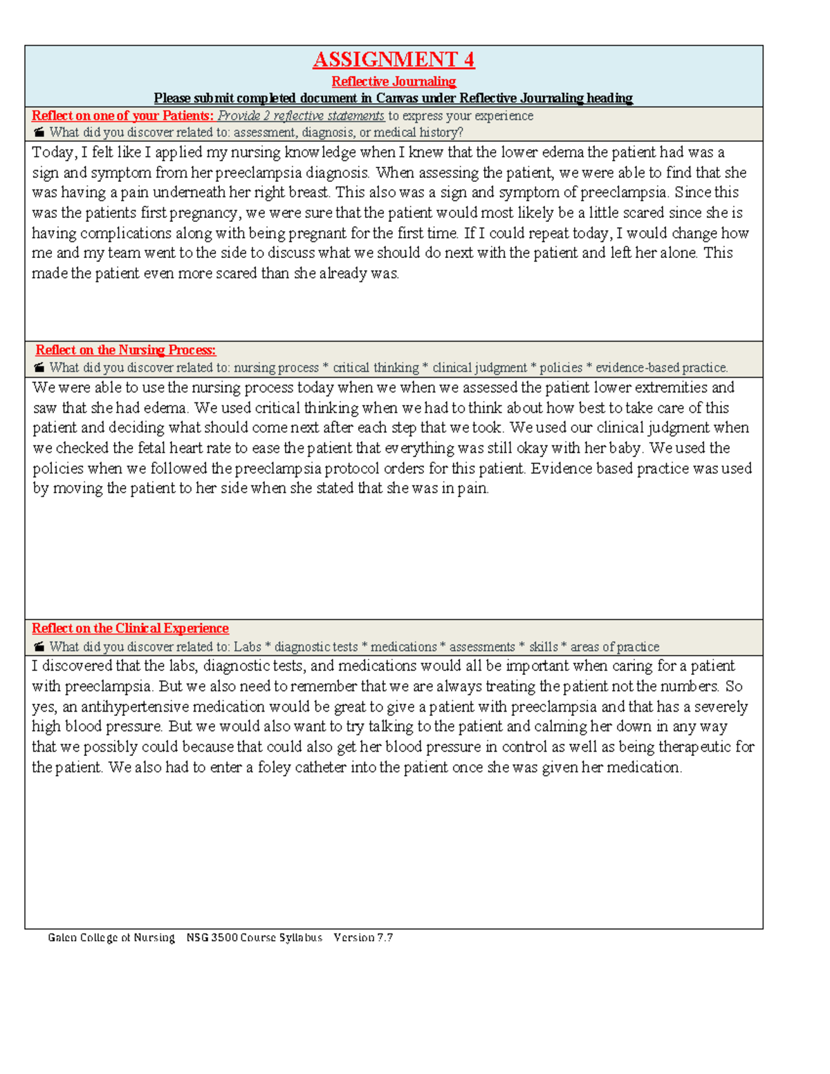 NSG 3500 - Reflective Journal (maternal) - ASSIGNMENT 4 Reflective ...