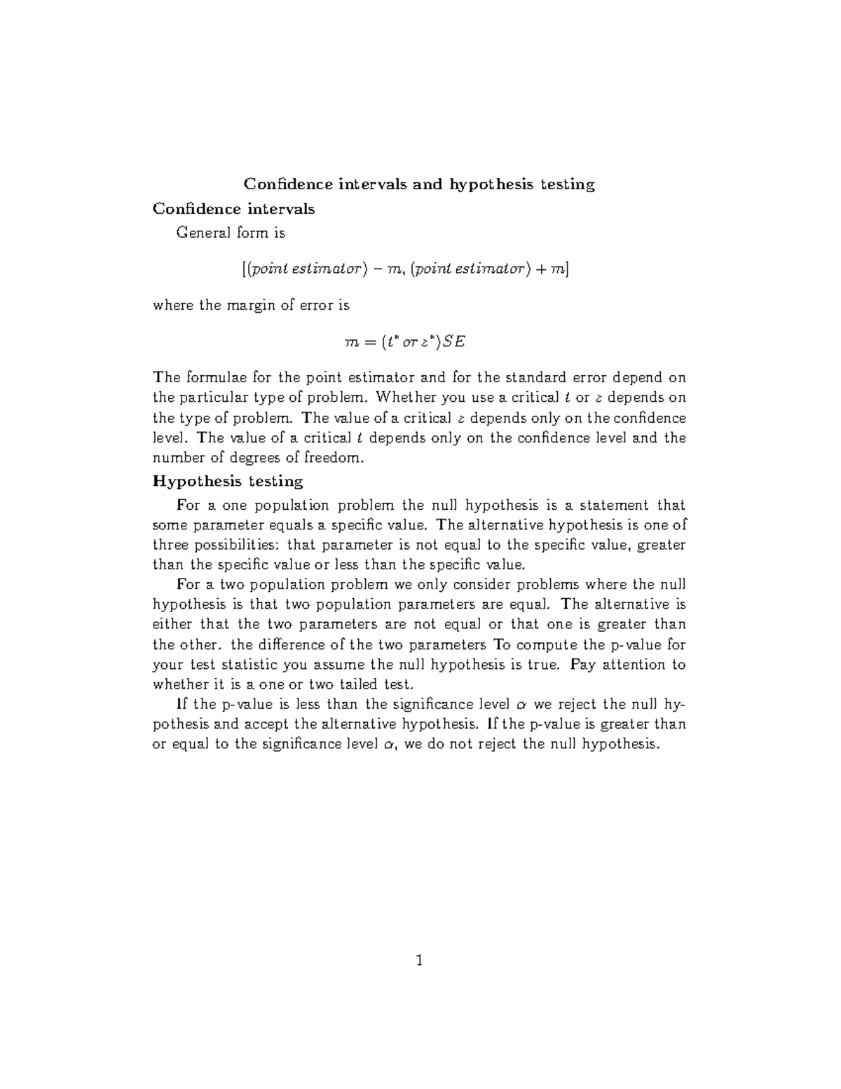 Handout confidence interval and hypothesis testing - Confidence ...