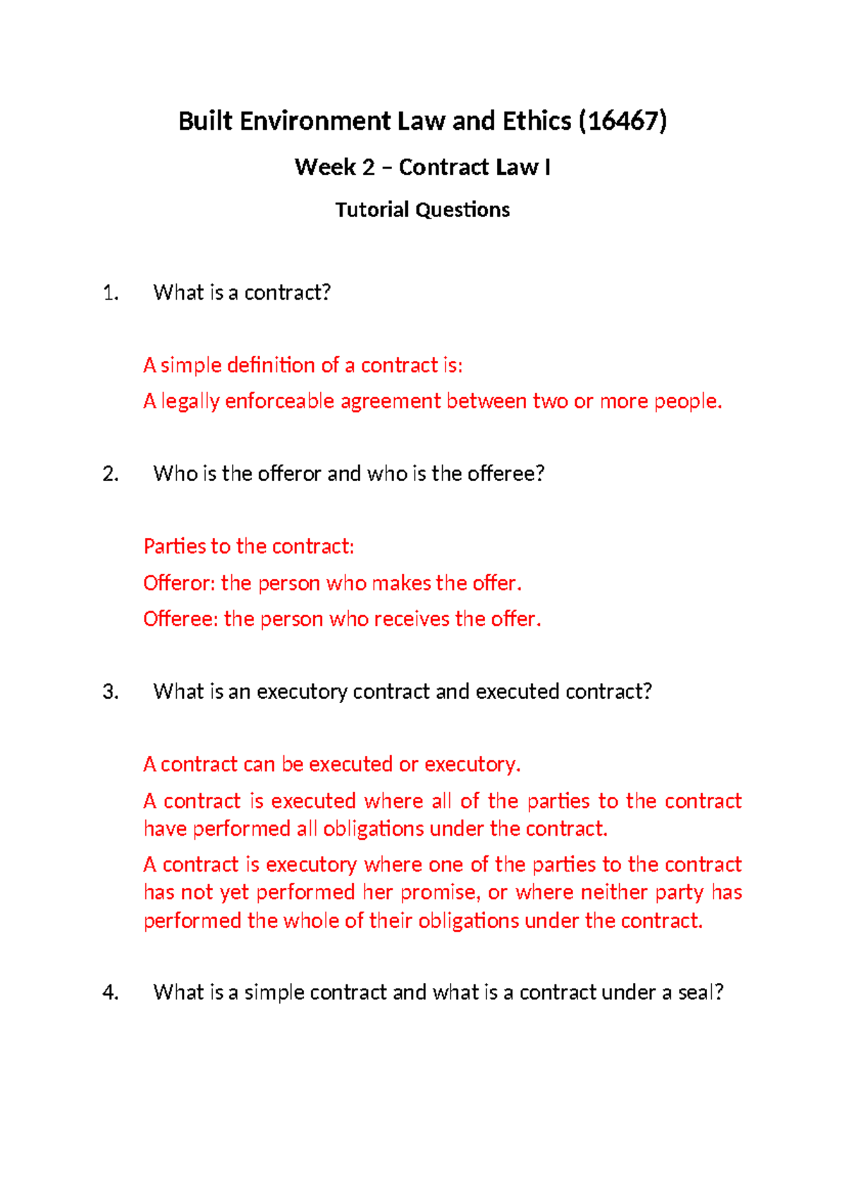 Contract Law I - Tutorial Questions - Built Environment Law and Ethics ...