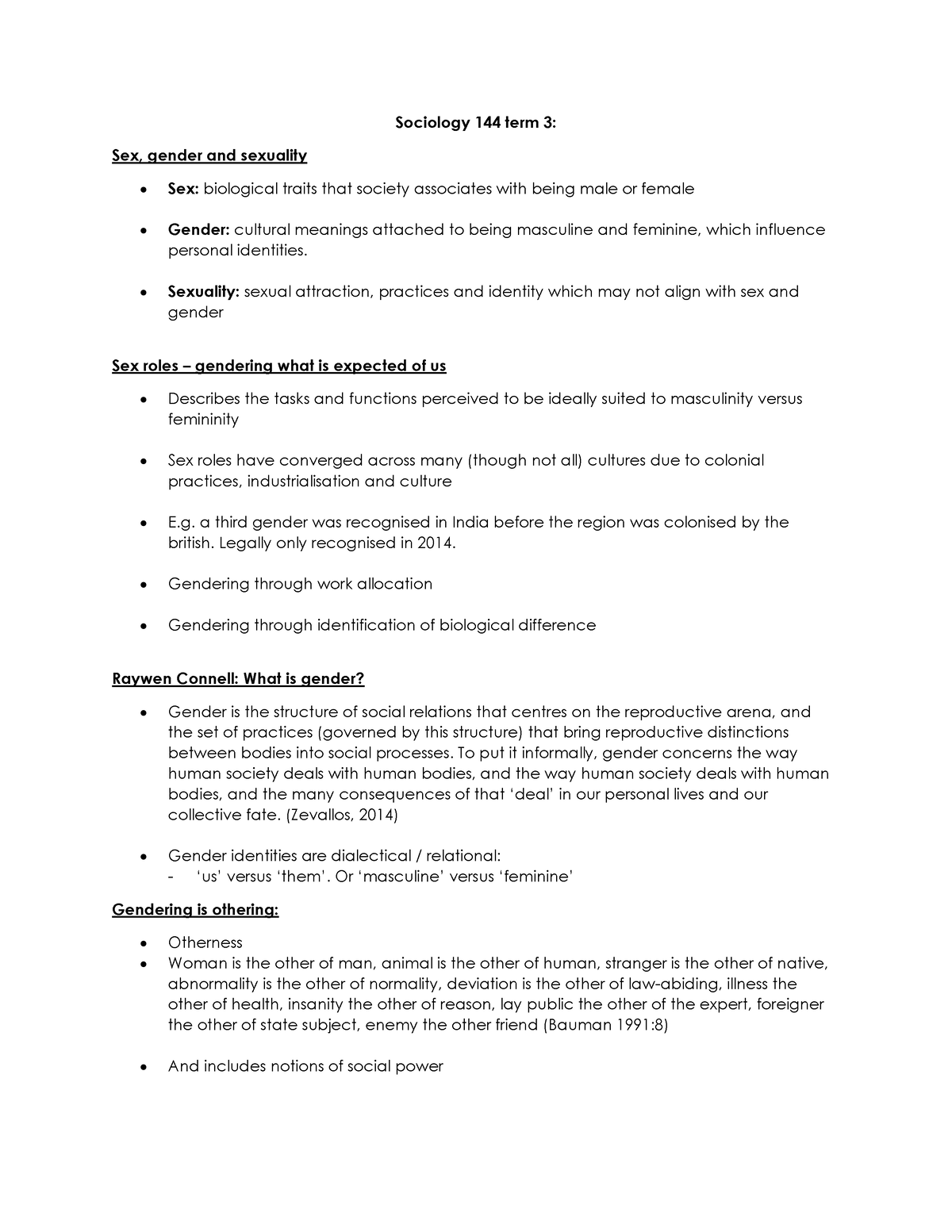 Sociology 144 Term 3 Notes - Sociology 144 Term 3: Sex, Gender And ...