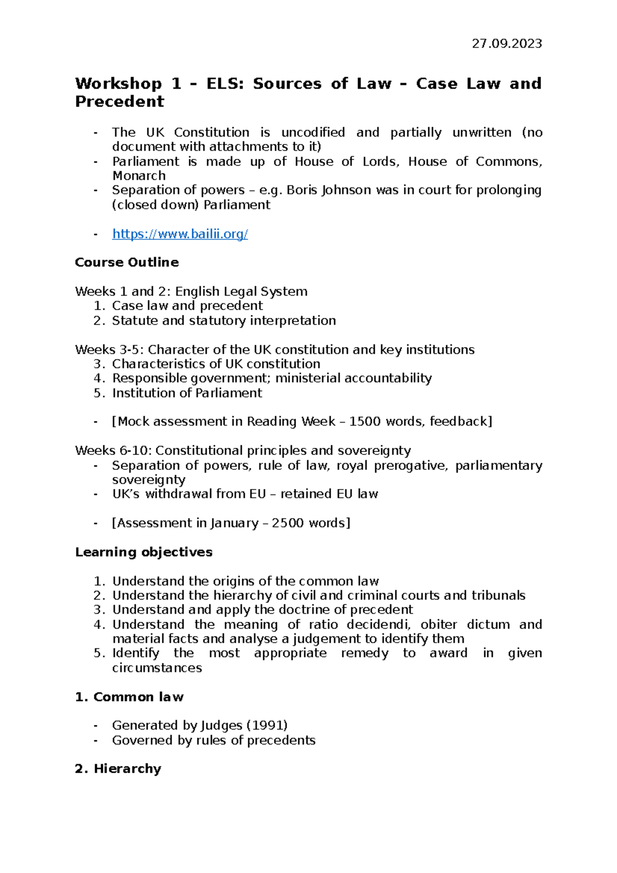 1. Case Law and Precedent 27. 1 ELS Sources of